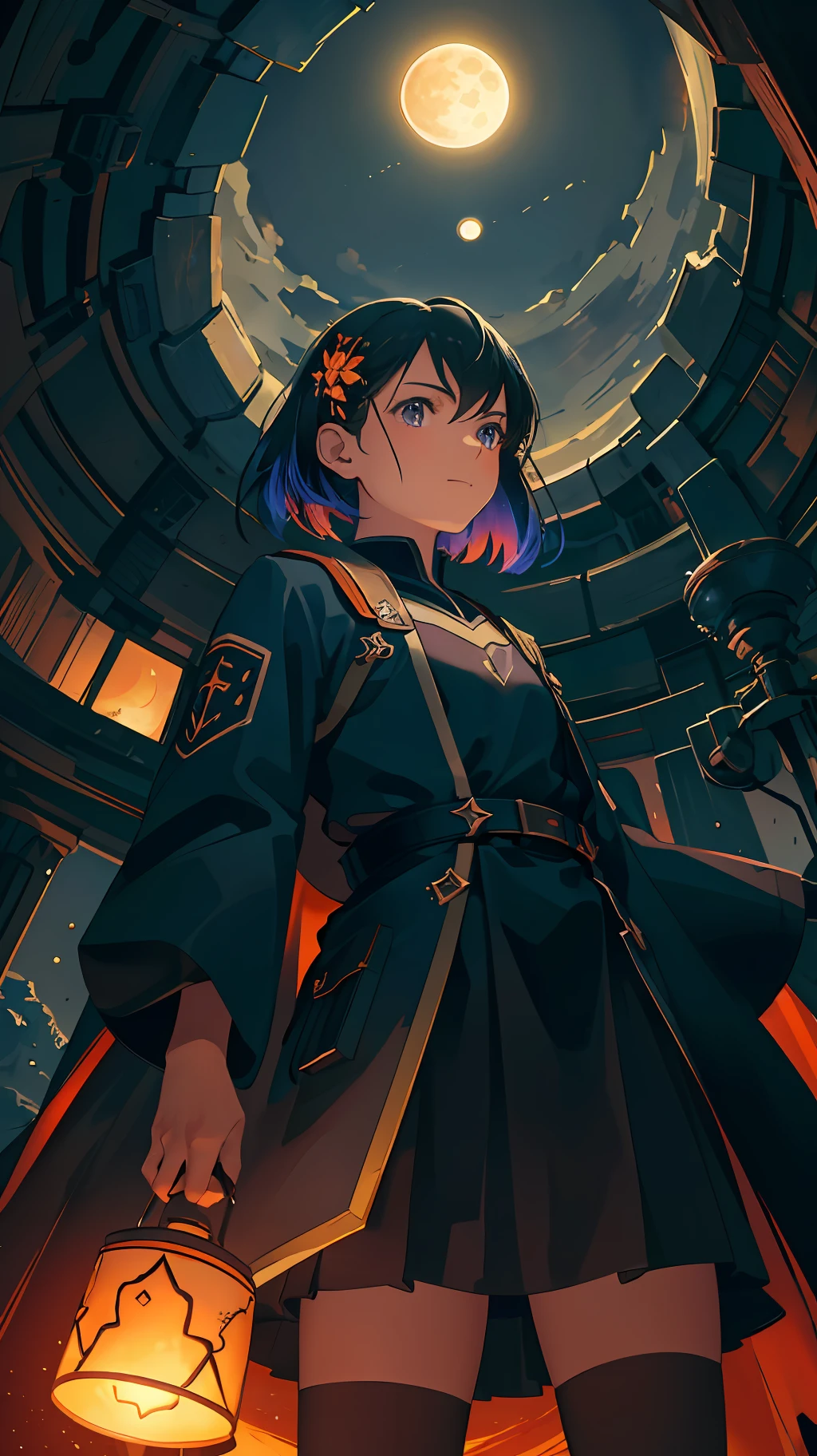 Vast landscape photos, (from below, the sky above, open fields below), a girl with black hair standing on a flower field looking up, (Full Moon: 1.2), (Meteor: 0.9), (Nebula: 1.3), Distant Mountains, Trees BREAK Making Art, (Warm Light Source: 1.2), (Firefly: 1.2), Lamps, Lots of Purple and Orange, Intricate Detailing, Volumetric Lighting, Realism BREAK (Masterpiece: 1.2), (Best Quality), 4K, Ultra-Detailed, (Dynamic Composition: 1.4), Very Detailed, Colorful Detail, (Iridescent Color: 1.2), (Glow Illumination, Atmospheric Lighting), Dreamy, Magical, (Solo: 1.2)