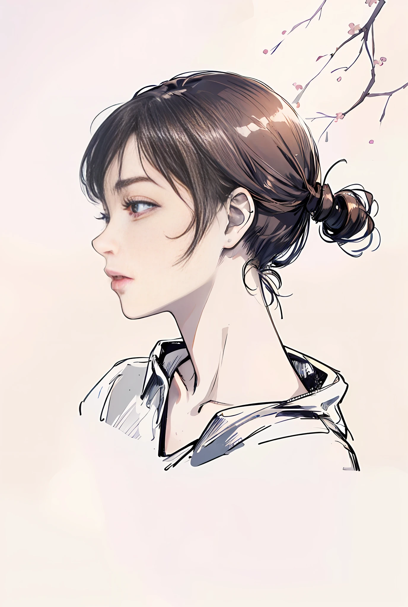 best quality, masterpiece, super high resolution, (lifelike:1.5), original photo, 1 girl, shoulder, in the dark, deep shadow, understated, cold light, sexy look, short hair, 1girl, superlative, teenager, girl, ball head, tied up hair, beautiful clothes, white skin, sexy, delicate figure, petite, bright, colorful, outdoor, bust portrait, bright, clouds, wind, city, simple background, arms behind back, looking at the audience, Brunette (beautiful detailed face, beautiful detailed eyes), (very delicate beautiful), ((mean, sexy, charming, seductive)) super defined), shadow texture, (fine detail: 1.2), ultra detail, sketch, colorless, no color, ink, Chinese painting, plum blossom background, meticulous background