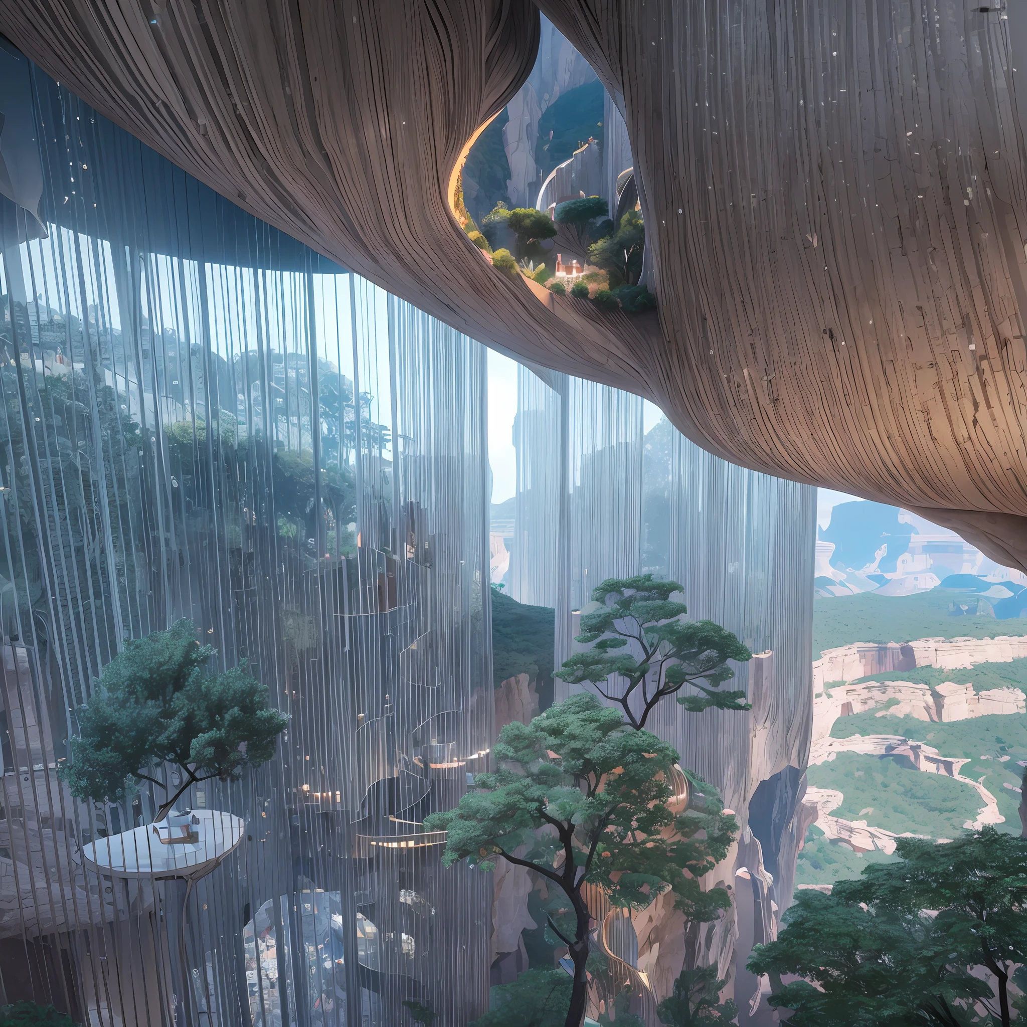 Futuristic design of cave  architecture interiors concept art on grand Canyon caves nature architecture, proportional,detailed, cave architecture nature meets futuristic architecture by Toyo Ito and Philip Johnson ,residential area, futuristic development, high rise made up staircases, balconies, full of rock and glass facades, residential spaces carved from cliff side ,trending on artstation, beautiful lighting,In the style of Jean Nouvel   masterpiece, fantasy, intricate, award winning, 4k, highest quality render --auto --s2