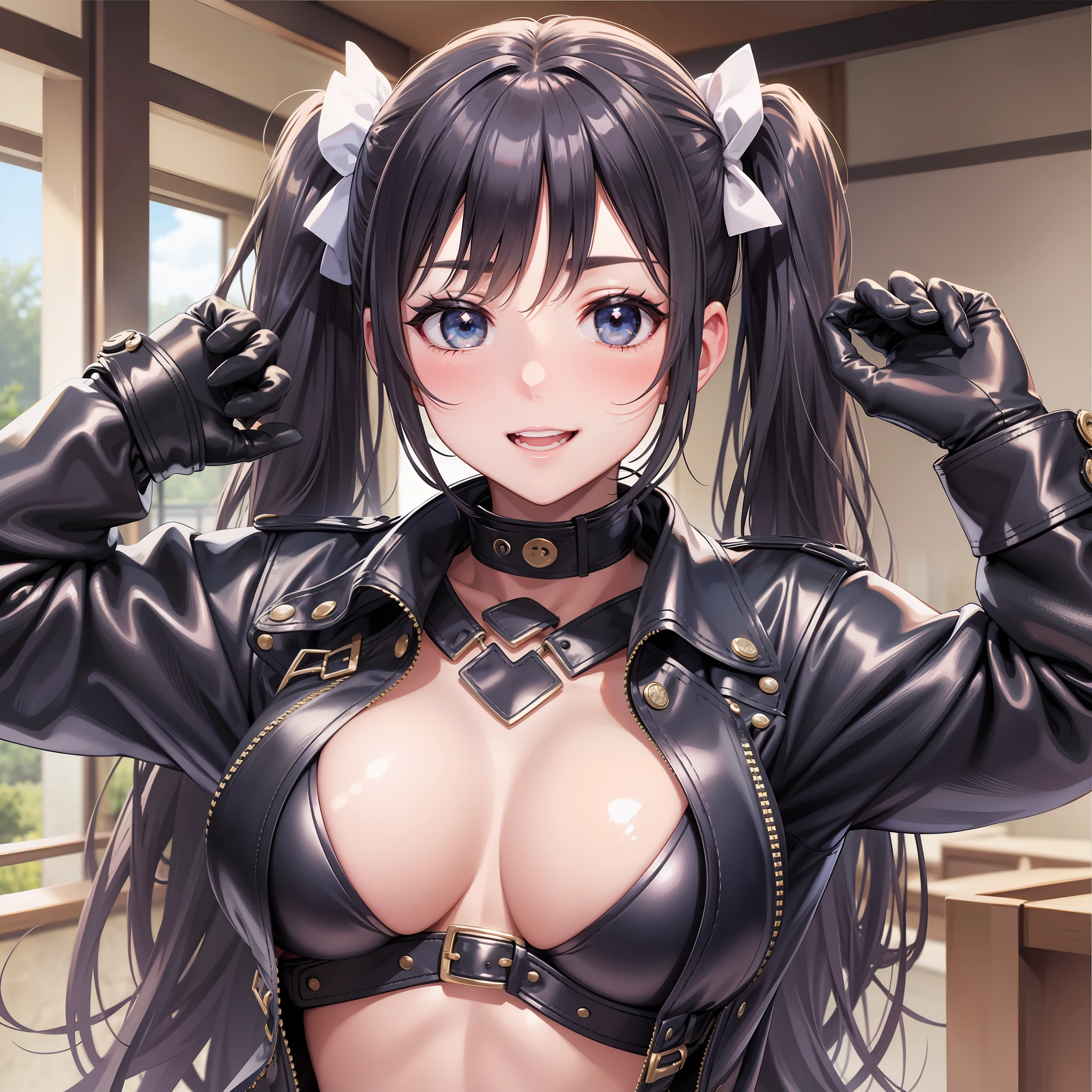 Harem Multiple Girls Smile Top Quality Masterpiece Long Hair Ponytail Twin Tails Leather Jacket Big Tits