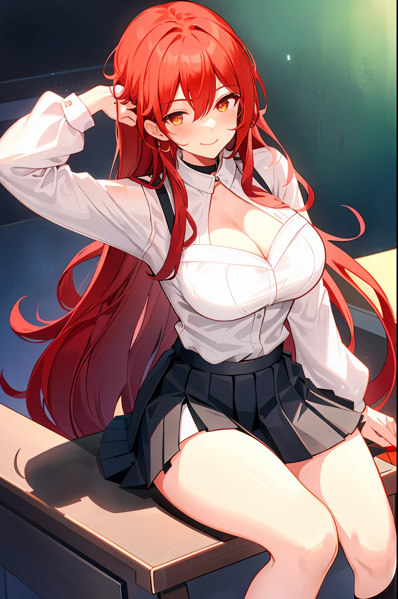 Himeko, 1girl, solo, ((white shirt)), black thighhighs, breasts, cleavage, uniform, office background, black skirt, ((pleated skirt)), office, hair between eyes, large breasts, long hair, looking at viewer, red hair, red short nails, golden eyes, solo, thighhighs, thighs, very long hair, ((masterpiece)), sitting, chair, desk, computer on desk, name tag, id tag, indoor, smile, ((blush)), shy, sexy pose,