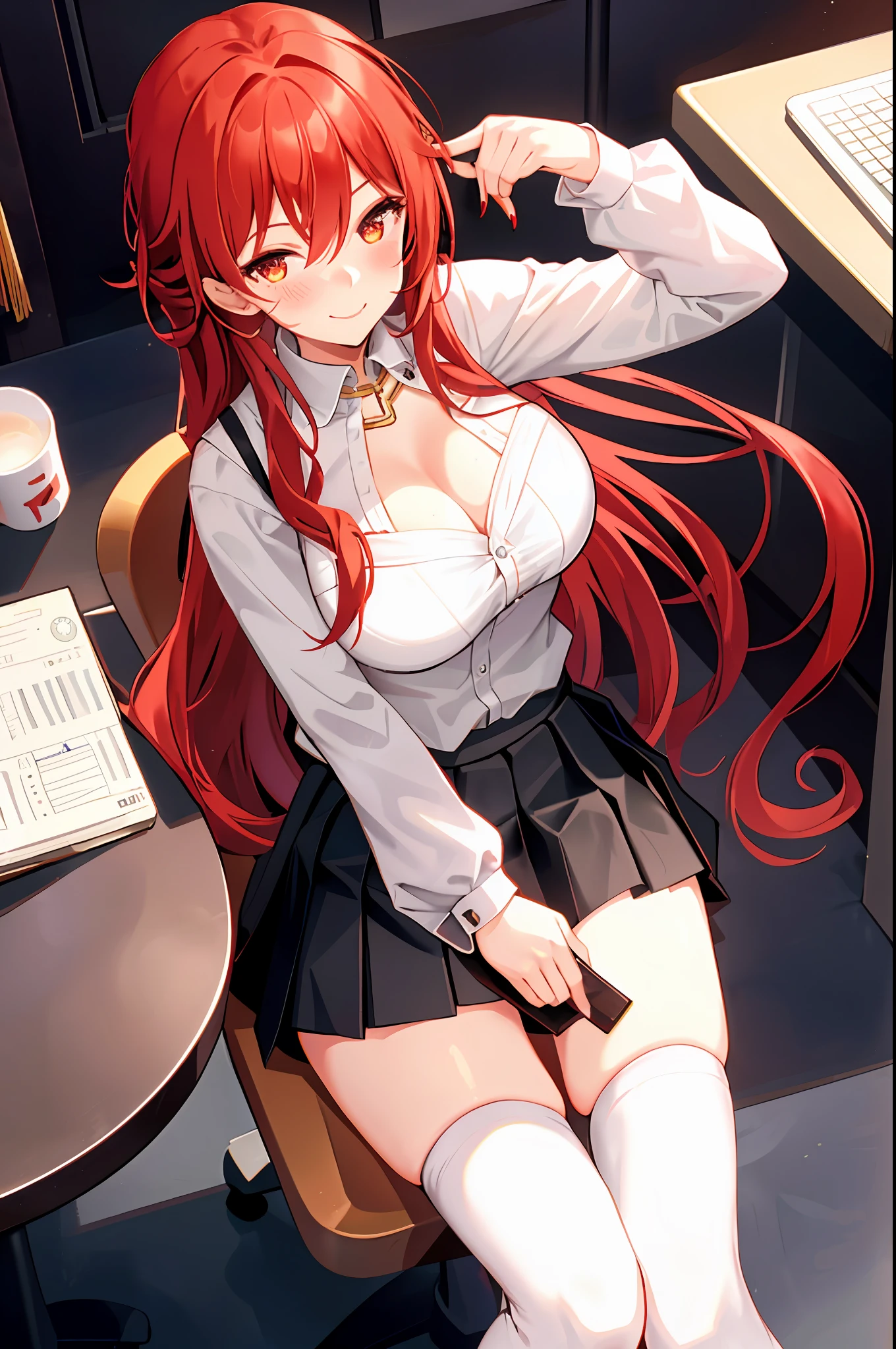 Himeko, 1girl, solo, ((white shirt)), black thighhighs, breasts, cleavage, uniform, office background, black skirt, ((pleated skirt)), office, hair between eyes, large breasts, long hair, looking at viewer, red hair, red short nails, golden eyes, solo, thighhighs, thighs, very long hair, ((masterpiece)), sitting, chair, desk, computer on desk, name tag, id tag, indoor, smile, ((blush)), shy, sexy pose,