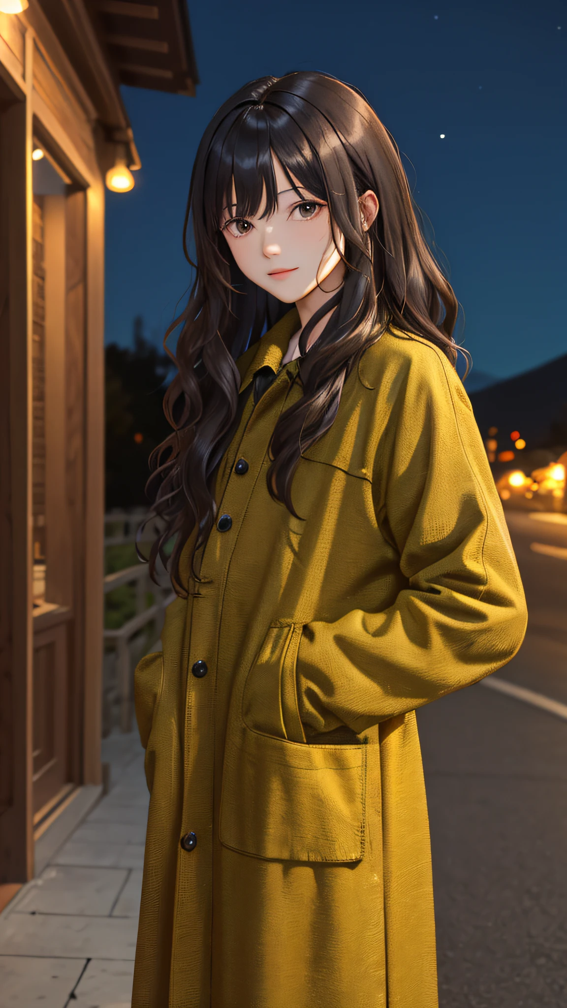 (masterpiece:1.2), (best quality:1.2), night, (looking at viewer), bright skin, cowboy shot, 
outdoors, fringe, 
long hair, (wavy hair),