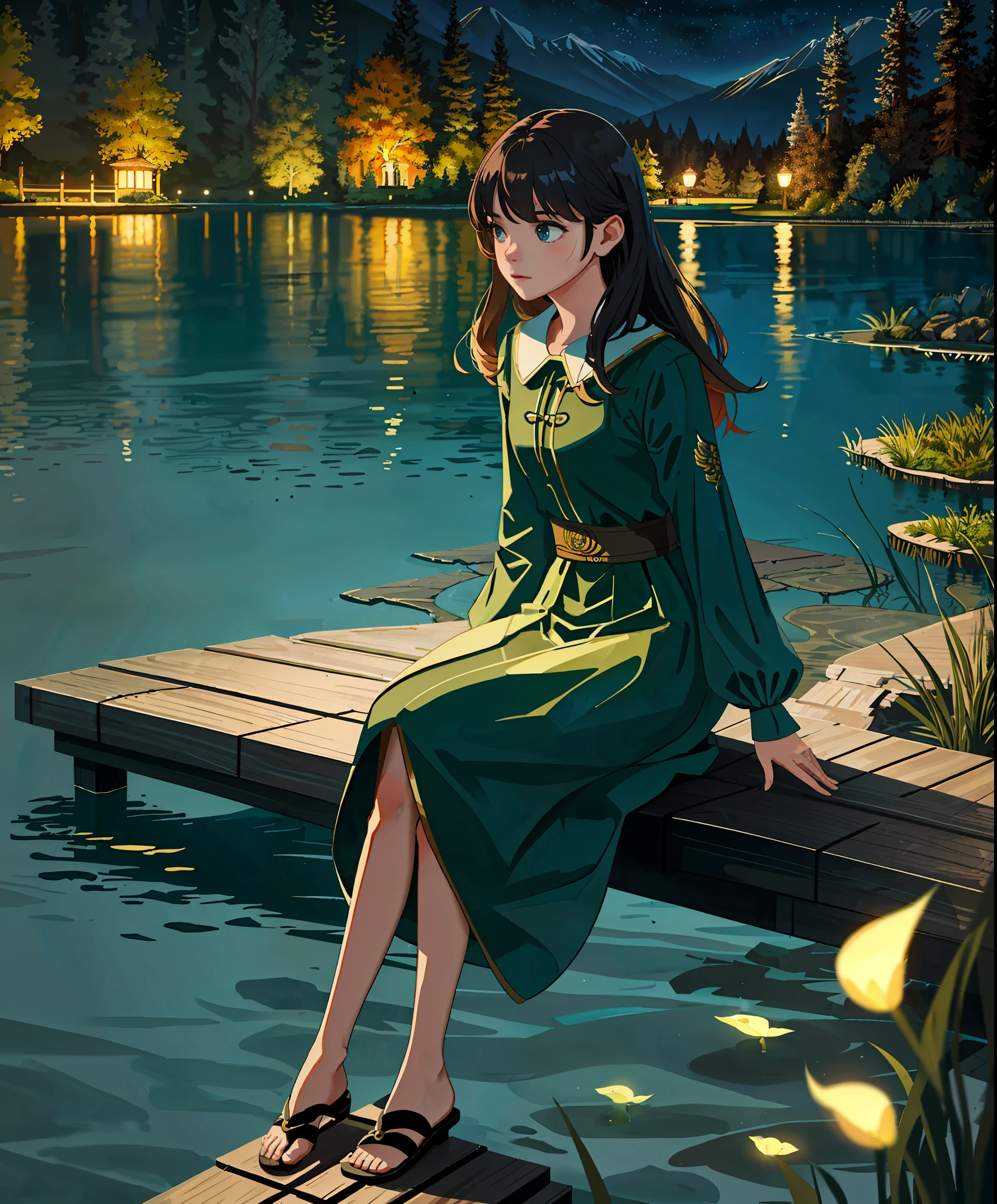 masterpiece,best quality,cinematic,dramatic,dynamic,1girl,landscape,lake,sitting,night,illumination,pond,face