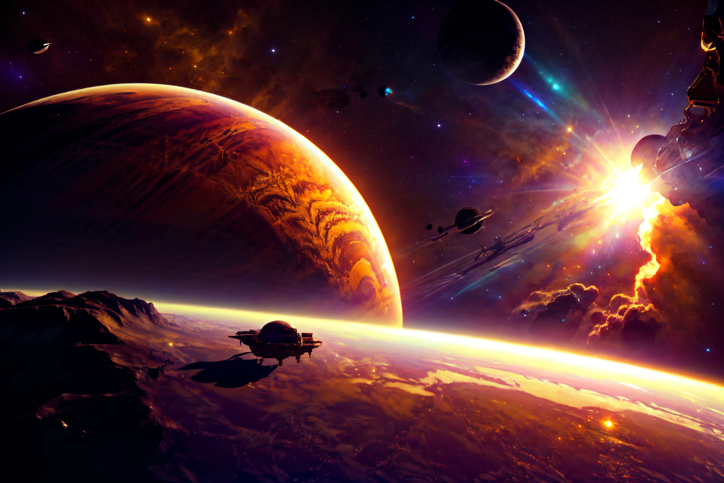 A space station located in space amidst the vast expanse of stars, planets, and galaxies would be a remarkable feat of engineering.(((masterpiece))), ((best quality)), realistic, 8k, ultra-detailed, realistic, scenery, ConceptArt, Highly detailed RAW color Photo, side Angle, (lens flare:0.7), particle effects, raytracing, cinematic lighting, shallow depth of field, photographed on a Sony Alpha 1, 50mm wide angle lens, sharp focus, cinematic film still, dynamic pose., (yellow look:1.3)