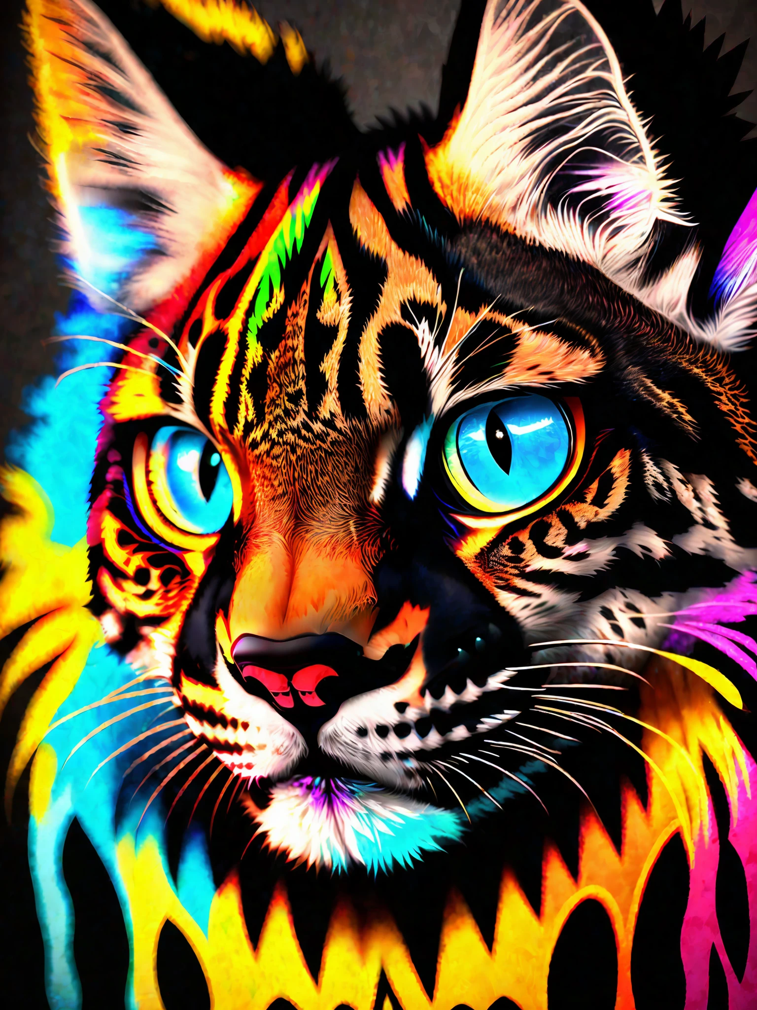 a close up of a cat's face on a black background, hyperbeast design, colorful graffiti, young lynx, illustration iridescent, ferocious appearance, color bleeding, war cry, computer art, fierce expression, meow, animal caricaturist, neotribal, cougar, beautiful 3 d rendering, lynx