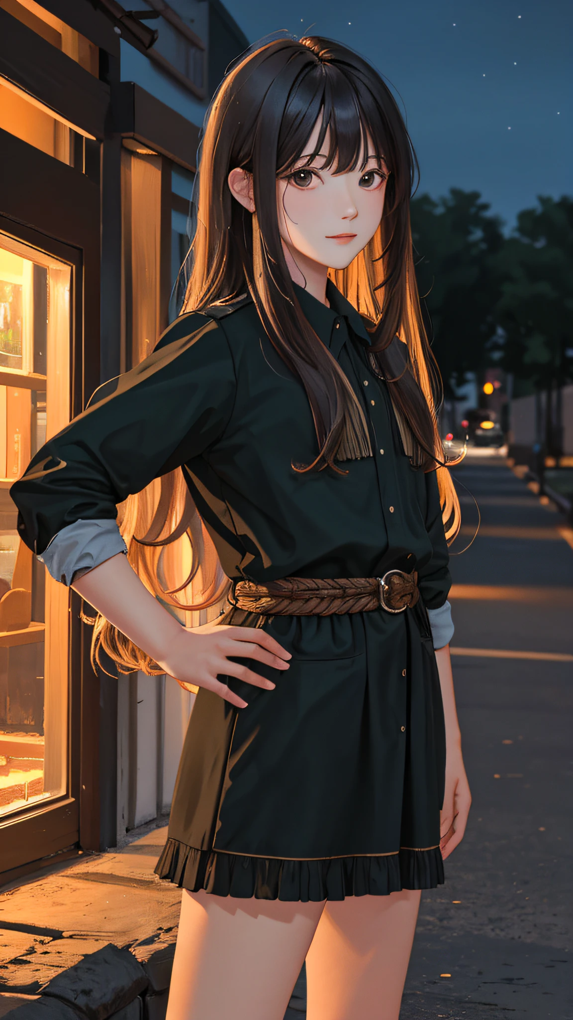 (masterpiece:1.2), (best quality:1.2), night, (looking at viewer), bright skin, cowboy shot, 
outdoors, fringe, 
long hair, (wavy hair),