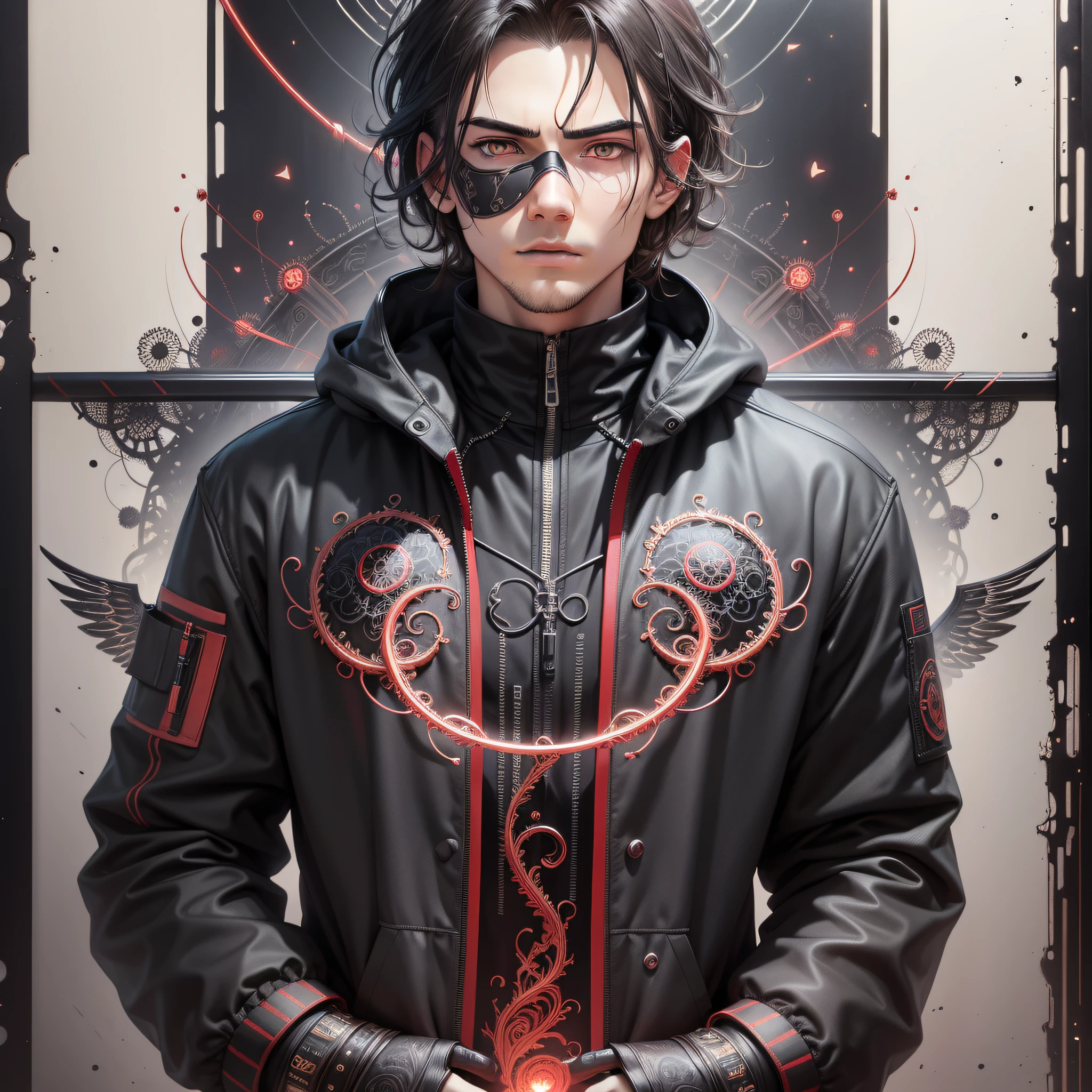 masterpiece, best quality, illustration, science fiction, black red theme, 1boy, looking down at viewer, hands in pockets, thin, detailed messy gray hair, bright red eyes, black techwear coat, black mouth mask, wire, cable, (backlighting) wallpaper, poster, sharp focus, hyperrealism, insanely detailed, lush detail, filigree, intricate,crystalline, perfectionism, max detail, 4k uhd, spirals, tendrils,  ornate, HQ, angelic, decorations, embellishments, masterpiece, hard edge, breathtaking, embroidery -