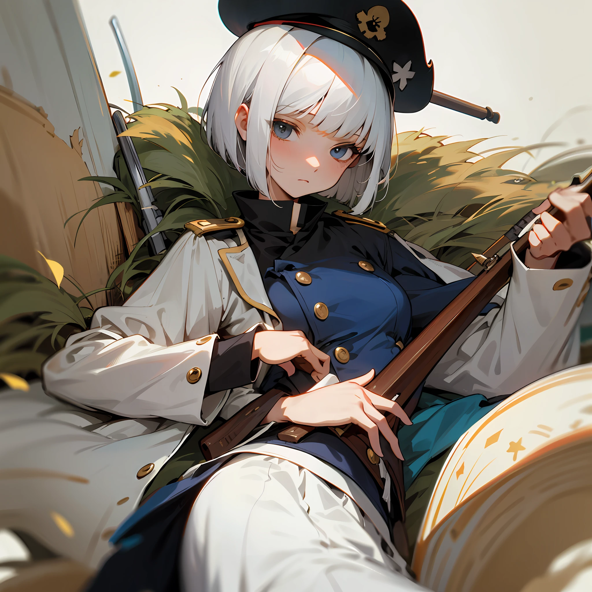 Top Quality, Real Stick, Solo, White Hair, Bob Cut, Beautiful Girl, Musket, Military Uniform, One Piece, Siesta