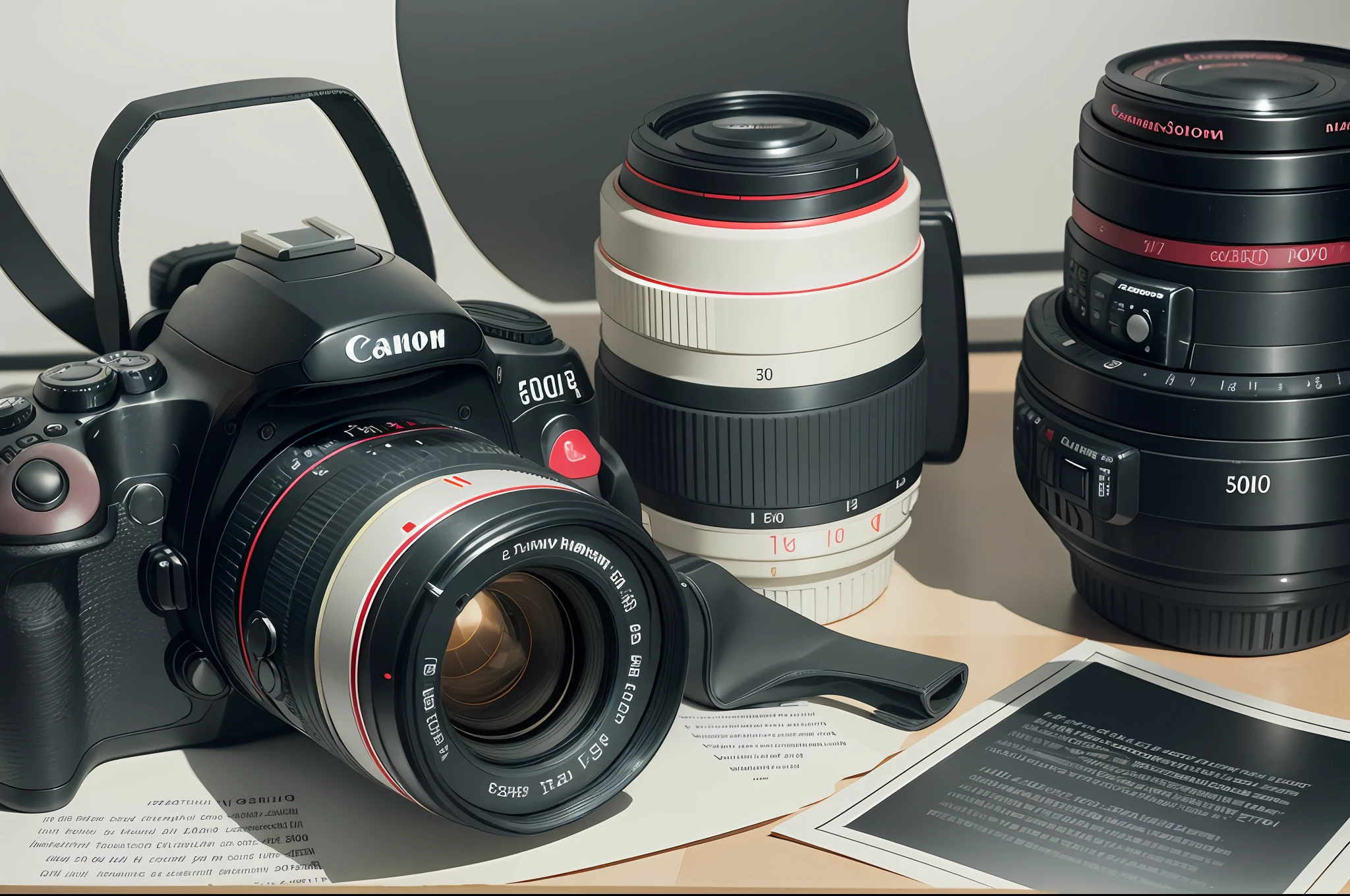 Photograph of a Canon DSLR camera with a 50mm medium lens on and another 300mm zoom lens next to it. Photo laboratory with security lighting so as not to veil the film. Photographic material and development trays with paper dipped in and fixative. Photographs drying by hanging on a rope. Photo copying equipment --auto --s2