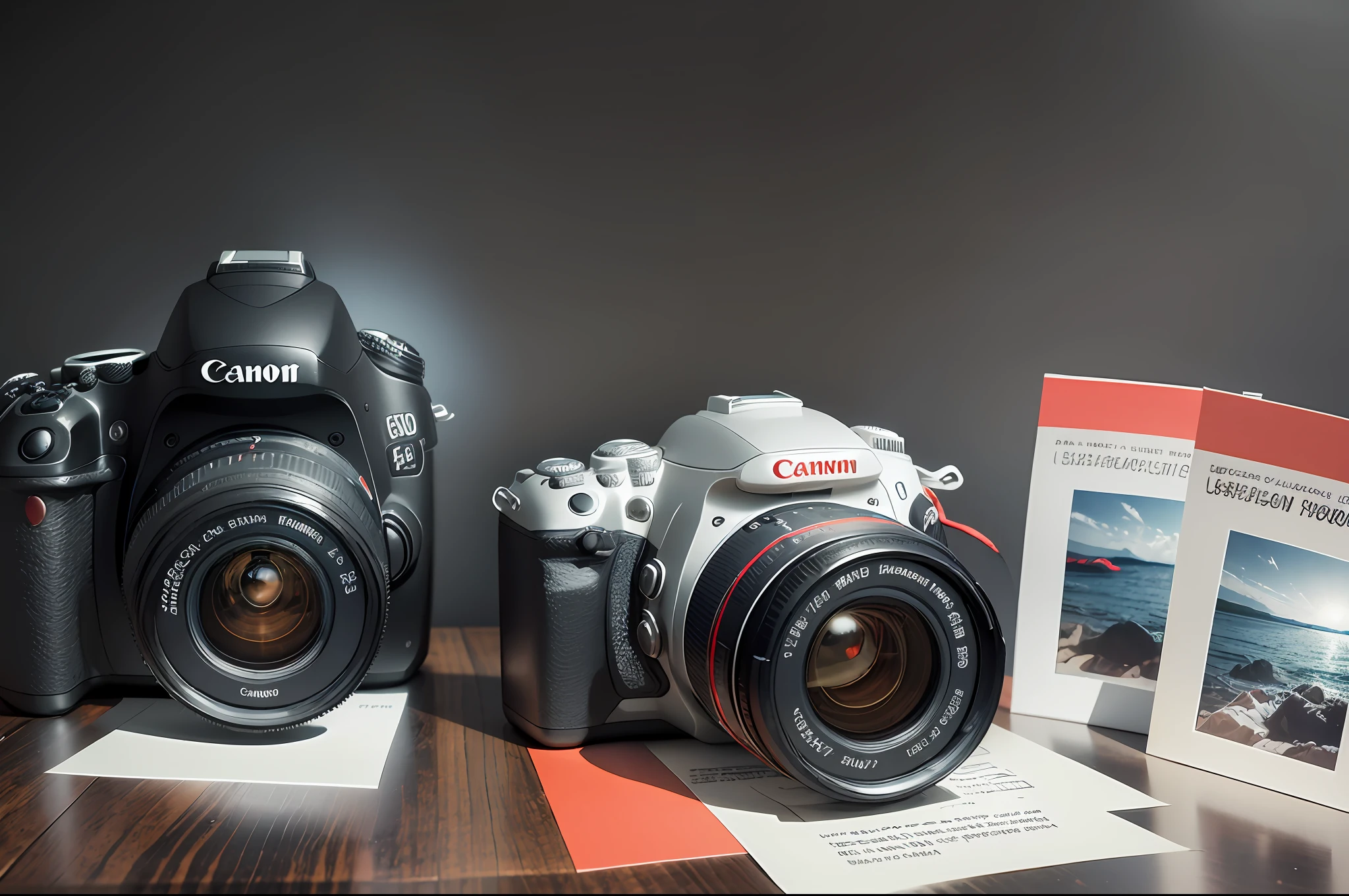 Photograph of a Canon DSLR camera with a 50mm medium lens on and another 300mm zoom lens next to it. Photo laboratory with security lighting so as not to veil the film. Photographic material and development trays with paper dipped in and fixative. Photographs drying by hanging on a rope. Photo copying equipment --auto --s2