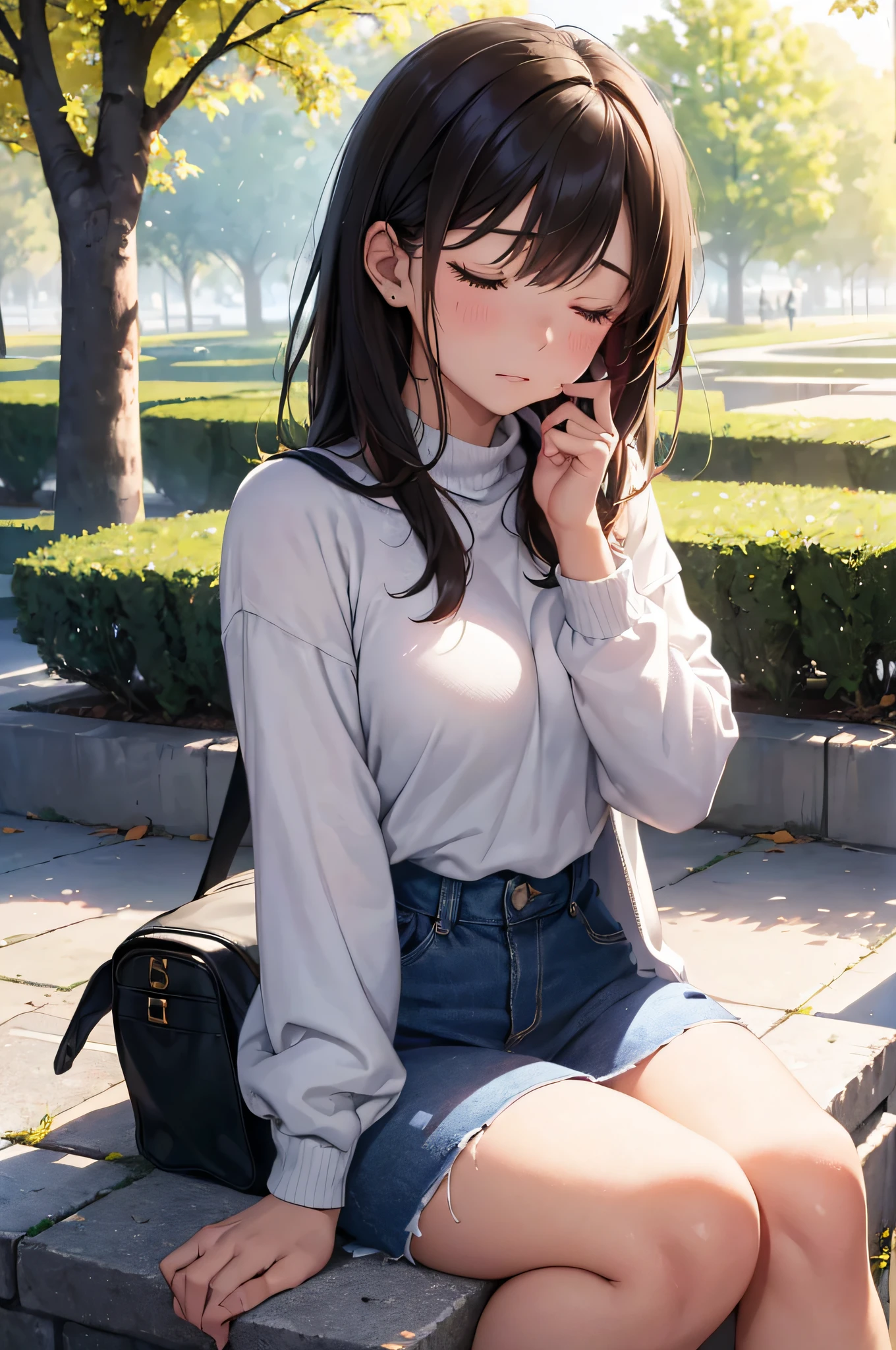 (masterpiece), (portrait), (aesthetic), (beautiful), (upper blody), (high quality), (aesthetic clothings), (professional angle), (rule of thirds), (Feminine), (woman), (female), (beautiful),(feminine features), (23 years), solo, 1 woman, (attractive Japanese), Autumn, Low light, ((sad, closed eyes)), ((Sitting)), Natural Makeup, (Average bust), (head tilted downwards), (semi-profile angle face), (face sad), (face-down) (Sad expression), ((Sadness)), (-), ((Medium hair)), (Brown hair), (Straight hair), (Smooth hair), shine hair, (- in hair), (), (Closed eyes look), (Fair skin), (Neutral Colors clothing), hands on her face, (Sweater), (-), (Jeans), (Crew neckline), ((Alone in the Park with Trees background)), (Medium Shot Shot), beautiful hands, two hands, normal hands, two arms, complete hands, beautiful body, beautiful fingers, normal fingers, five fingers, five fingers, (Thumb index meddle ring little fingers), beautiful ears, normal ears, beautiful mouth, beautiful lips,
