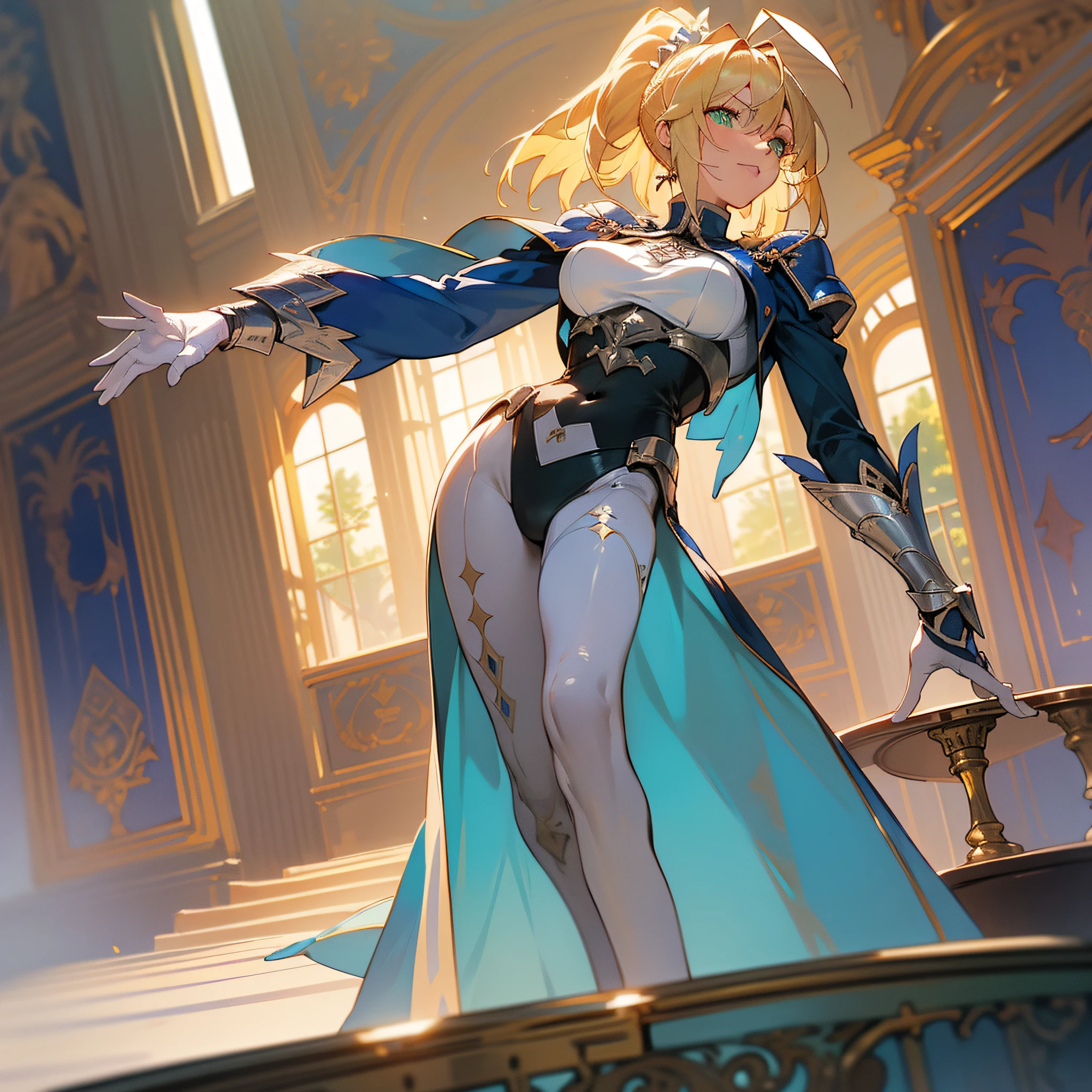 Artoria Pendragon \ (Destiny\), masterpiece, best quality, high resolution, super detailed, art book, anime coloring, CG, illustration, fantasy, 1 girl, solo, blood, male focus, looking at the audience, attoria pendragon \ (destiny), armor, detailed beautiful face and eyes with hands behind the back and leaning forward, full body , mild sunlight ,warm environment, capable slender figure, big breasts ,dexterous dynamic masterpiece, best quality, high resolution, super detailed, 1 girl, solo, Artoria Pendragon (swimsuit ruler) \ (fate), blonde, sideburns, ponytail, ahoge, green eyes, room, navel, muscular, white tights, feather python, rabbit ears, wristcuffs, split collar, openwork clothes, blue pantyhose, portrait, standing, casino, looking at the audience, sweat, giggle