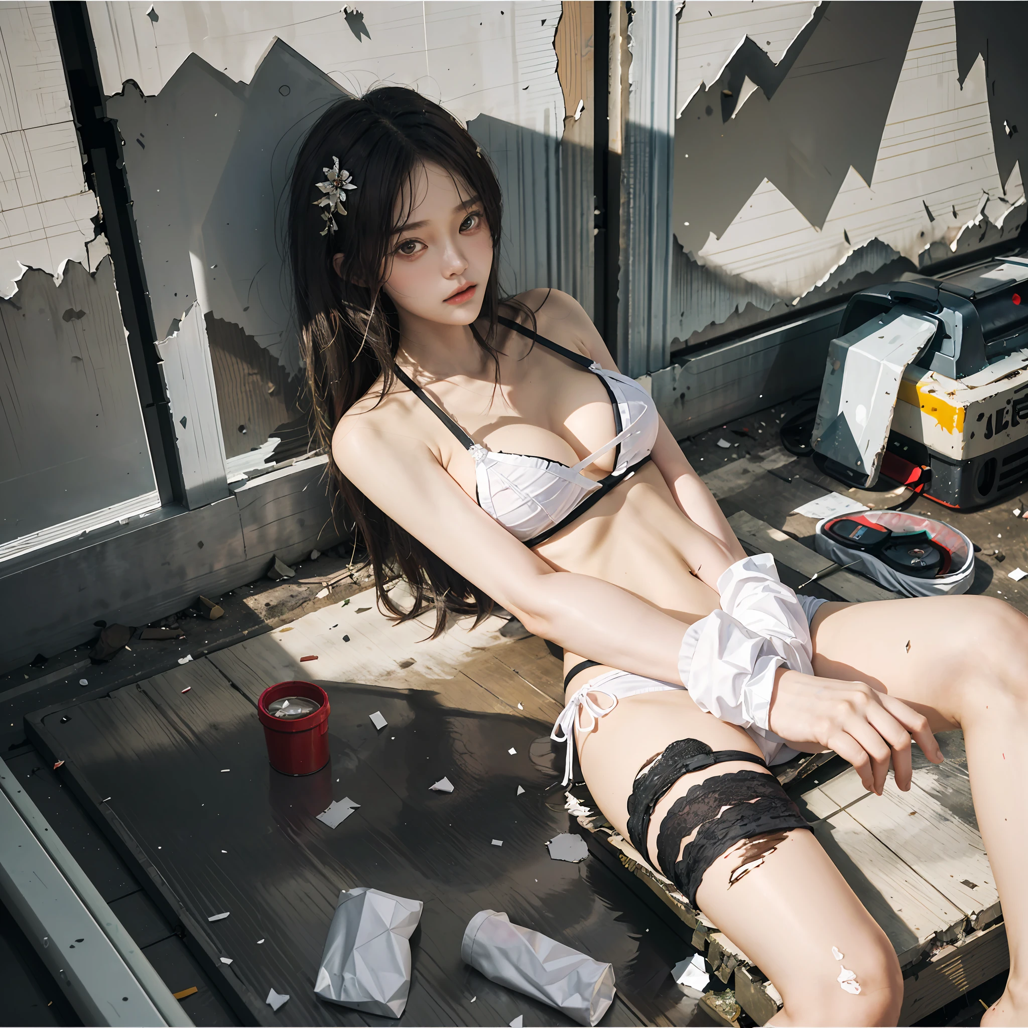 Masterpiece, best quality, realistic, an Asian beauty, innocent symmetrical face, white transparent bikini, looming, full body photo, lying on your back on the slum floor, full of garbage (3:1), devastated (3:1), tattered (4:1), torn doors and windows, piled up with debris (4:1), ground is dilapidated, facing the camera, exquisite and perfect facial features, ultimate picture quality, highest precision, spread legs to face the camera, dirty (5:1)
