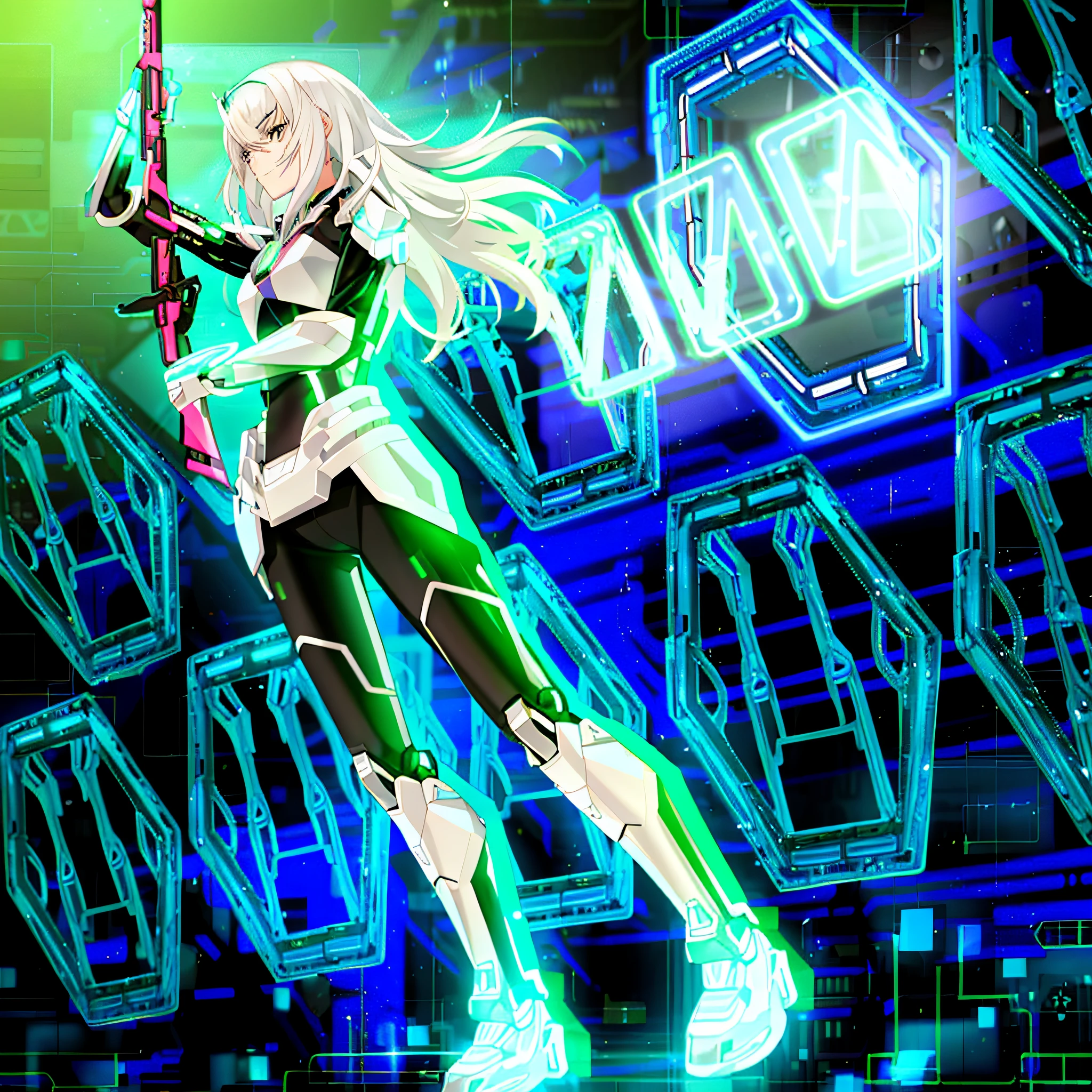 anime girl with a gun in her hand standing in front of a neon sign, cybernetic wallpaper, holographic blade!, cyborg - girl with silver hair, cyber japan armor, gear aurora, fractal cyborg ninja background, best anime 4k konachan wallpaper, anime cyborg, neon armor, girl in mecha cyber armor, clothed in cyber armour