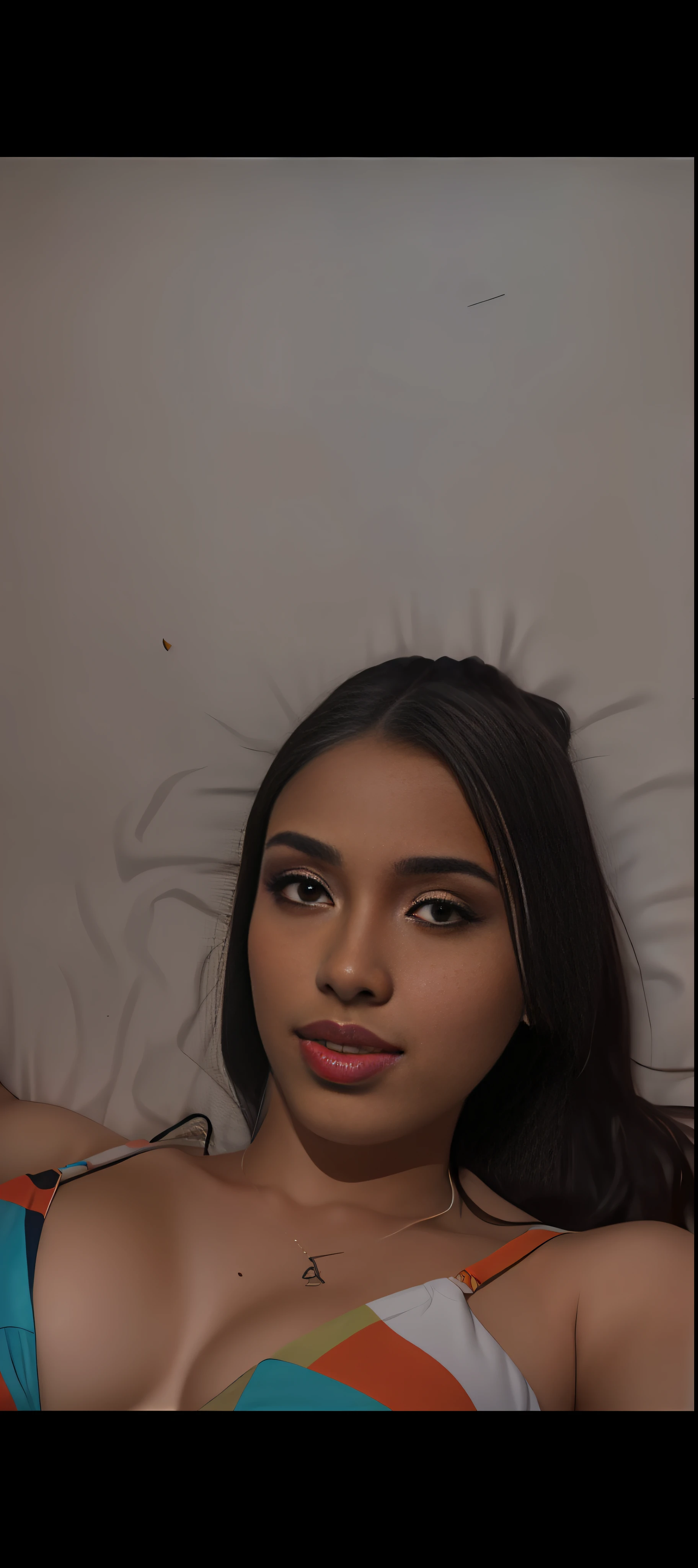 There is a bikini woman lying on a bed, she is facing the camera, beautiful Latino face, wide lips, portrait, sexy look at the camera, sexy face, webcam images, she is about 18 years old, with brown skin, selfie of a young woman, looking straight at the camera, high quality video