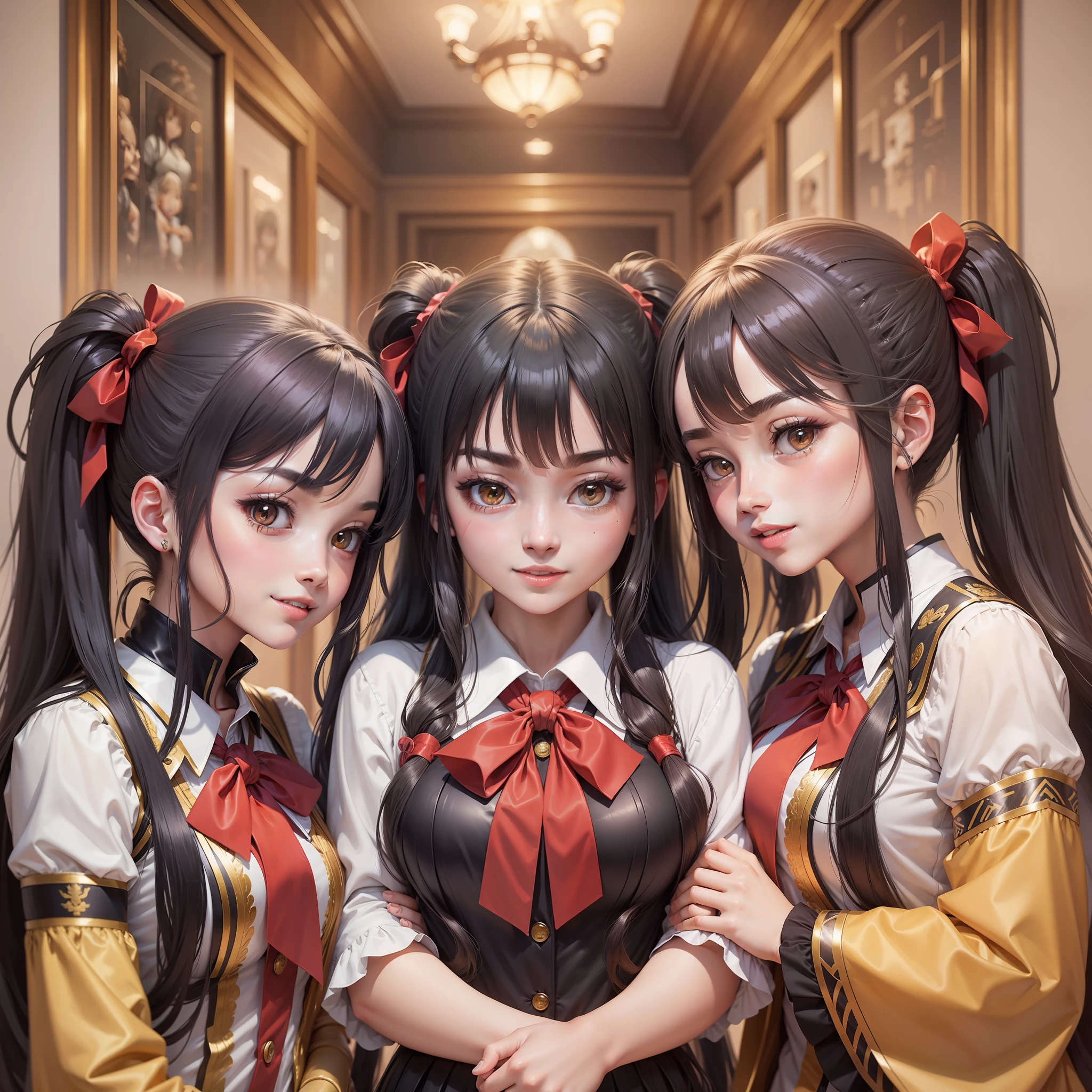 Harem Multiple Girls Smile Top Quality Masterpiece Long Hair Ponytail Twin Tails Uniform