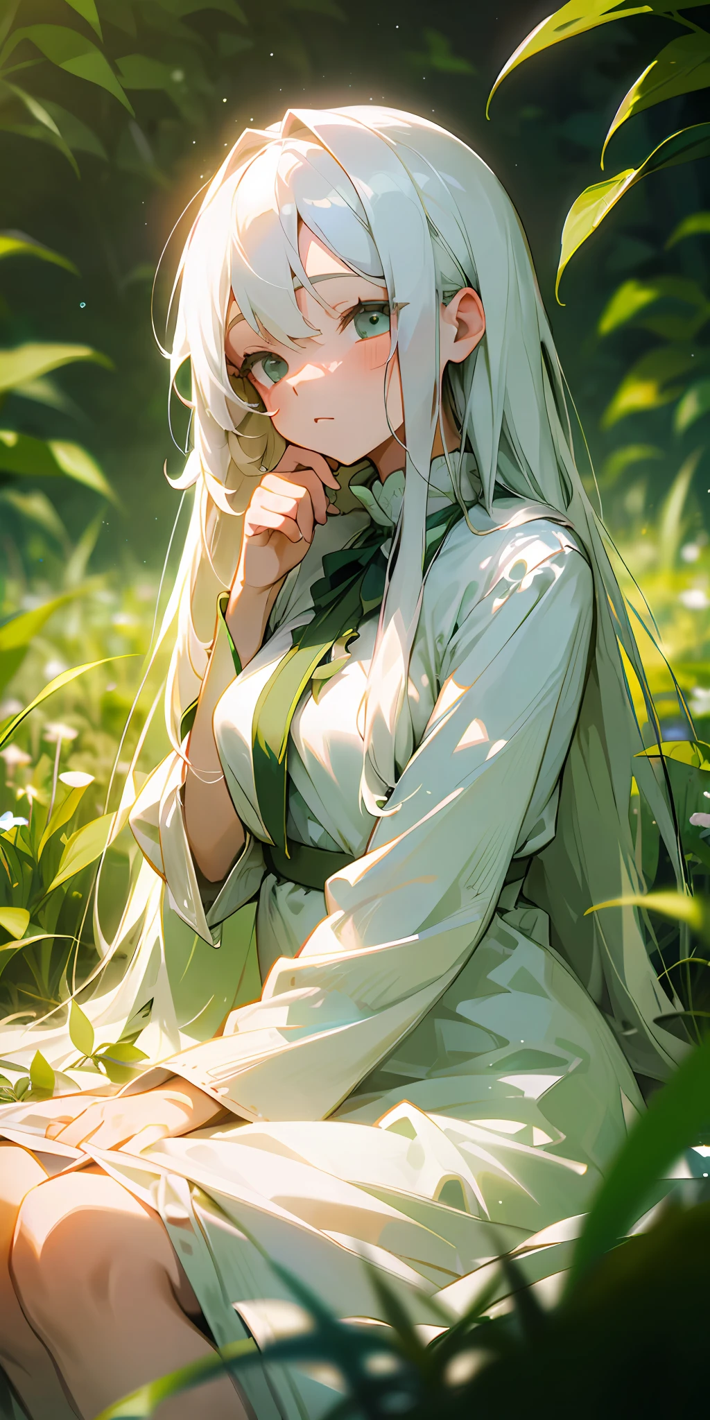 (masterpiece, top quality), one girl with long white hair sitting in a field of green plants and flowers, hand under chin, warm lighting, white dress, blurry foreground, li, lightly dressed