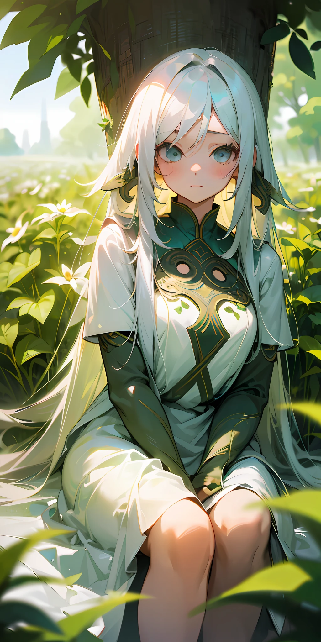 (masterpiece, top quality), one girl with long white hair sitting in a field of green plants and flowers, hand under chin, warm lighting, white dress, blurry foreground, li, lightly dressed