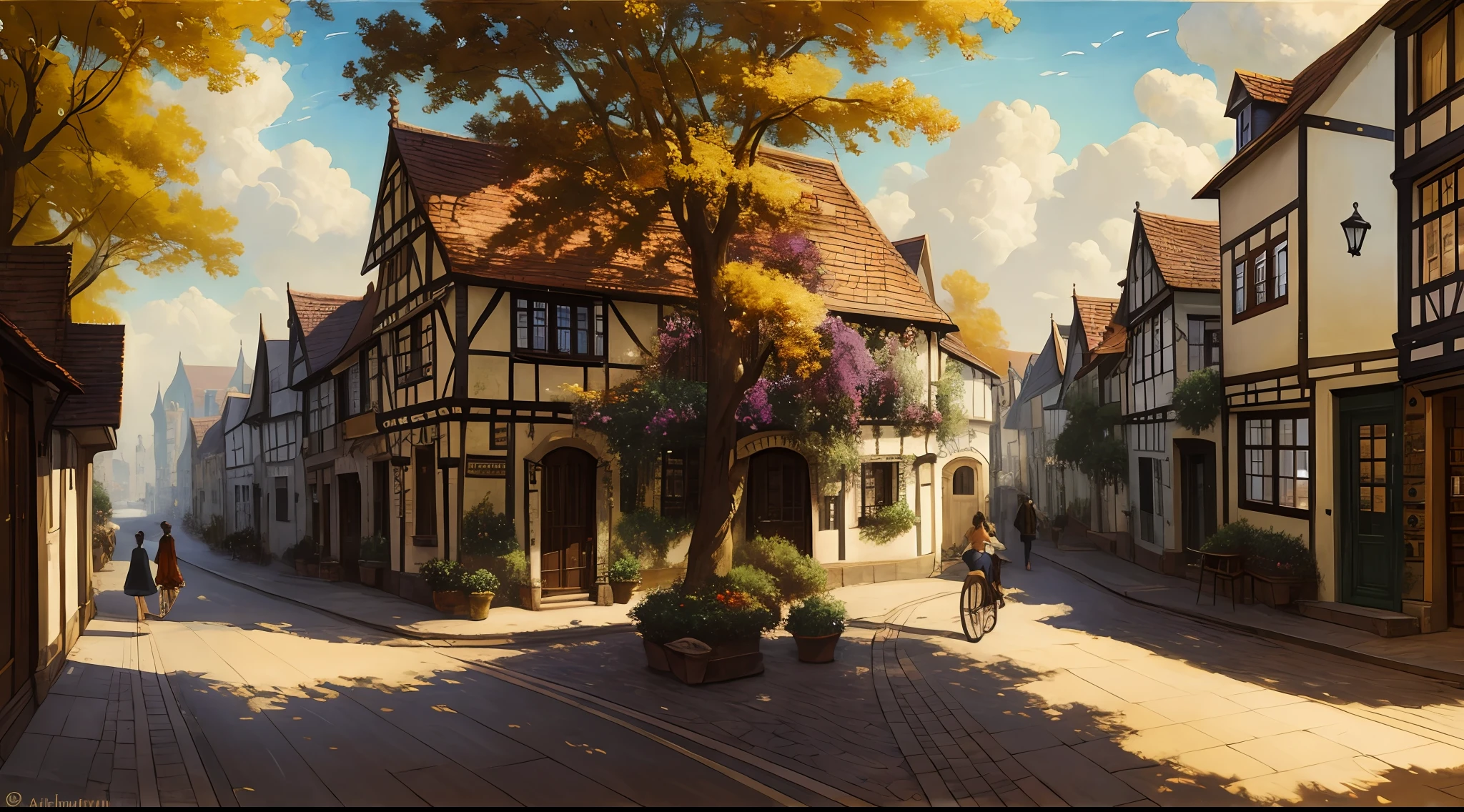 a narrow street in the provincial Belgian town of Bra, artist Arthur Rackham, with shops, diverse architecture, trees, lavender, tulips, sunny summer day, young woman sitting at a table in a summer café, silhouettes of townspeople in the distance, Victorian era, (in the style of artist Arthur Rackham: 0.9), made with acrylic paints, elegant professional landscape, masterpiece of painting, very detailed, oil painting on canvas, atmospheric, (oil painting: 0.75), (splash art: 0.75), (teal:0.2),(orange:0.2), (by Jeremy Mann:0.5), (by John Constable:0.1),(by El Greco:0.5),(acrylic paint:0.75), 8k