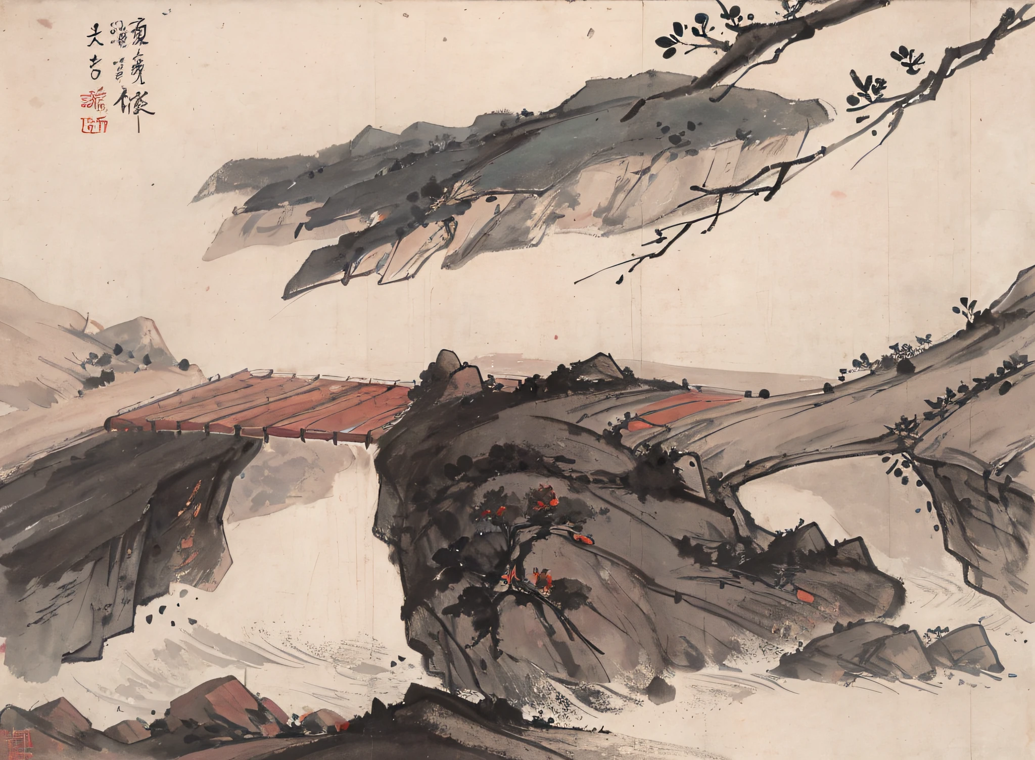 (Masterpiece, best quality: 1.2), traditional Chinese ink painting, high mountains, small hillsides, rocks, trees, no humans, cliffs