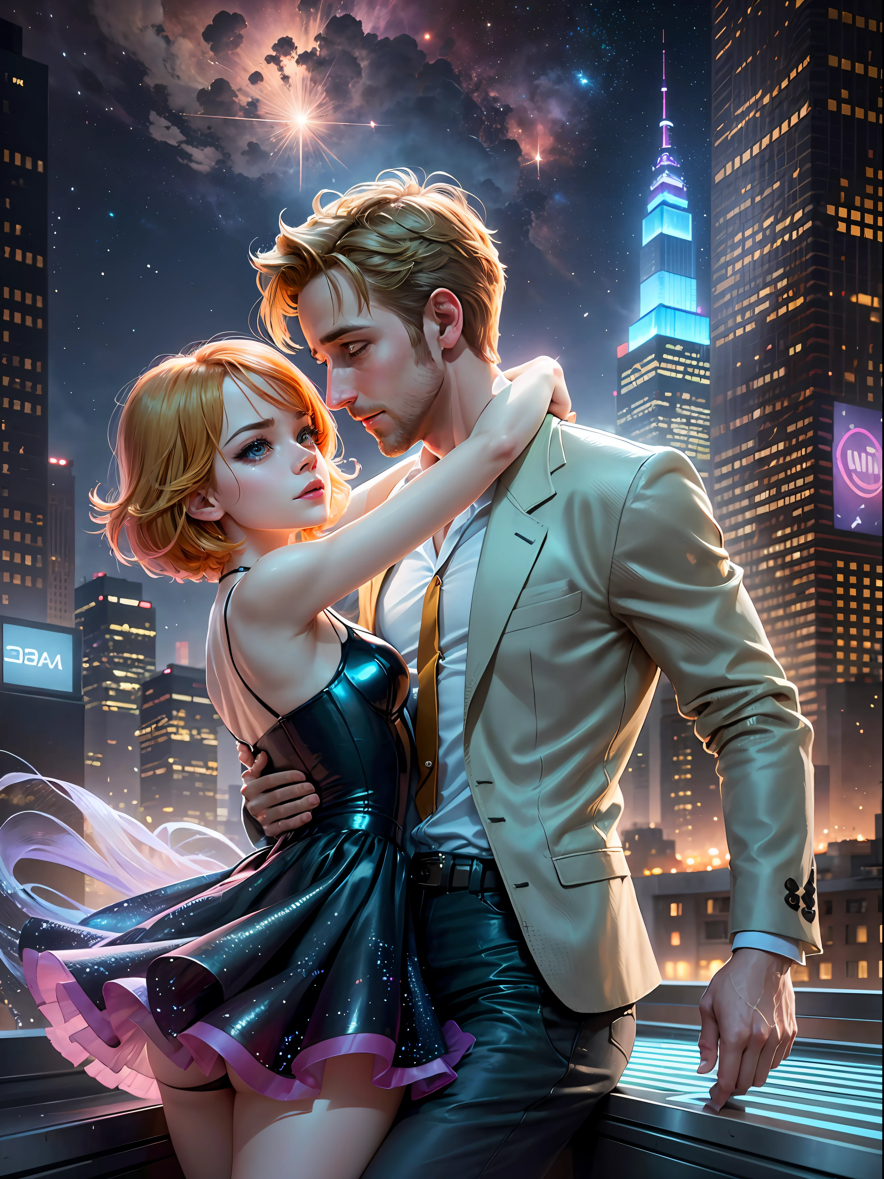 Create a mesmerizing image inspired by the romantic chemistry between Emma Stone and Ryan Gosling in 'La La Land.' They are seen passionately dancing in a futuristic, sci-fi cityscape. The city should be adorned with neon lights, floating vehicles, and skyscrapers that stretch into the starry night sky, blending elements of romance and science fiction seamlessly --auto --s2