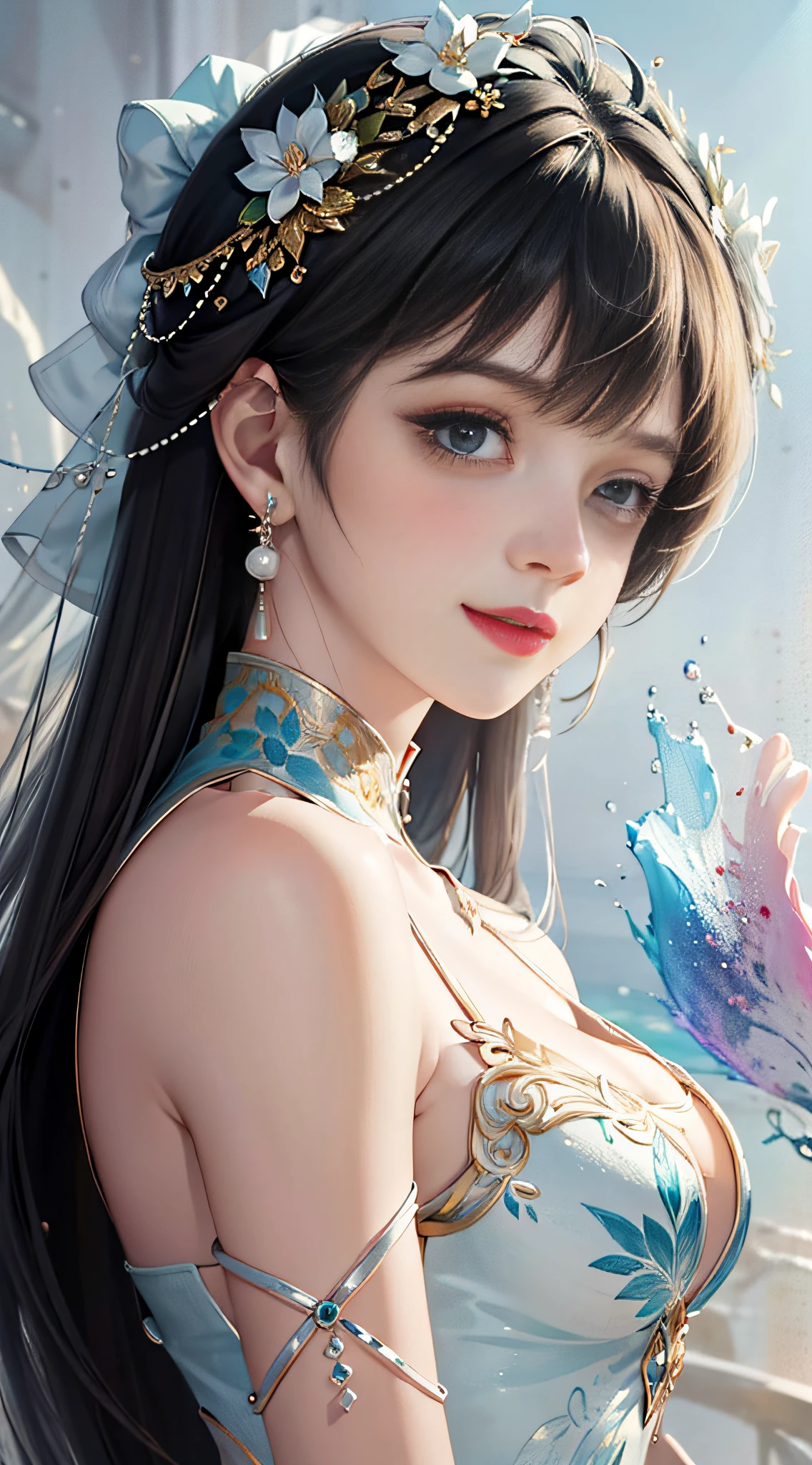 Gorgeous otherworldly backgrounds full of depth and mystery, splatter, minimalism, fluffy and glowing fantastic colors, sharp, ultra-fine stylish animated illustrations, realistic 3D pearl shells, high detail, art stations, concept art, palette knife, characters Beautiful girl with ancient lace ornament on sheet, clearly smiling face, complete dissection as imaginative and cinematically painted pottery, acrylic painting decoration of brushstrokes in art