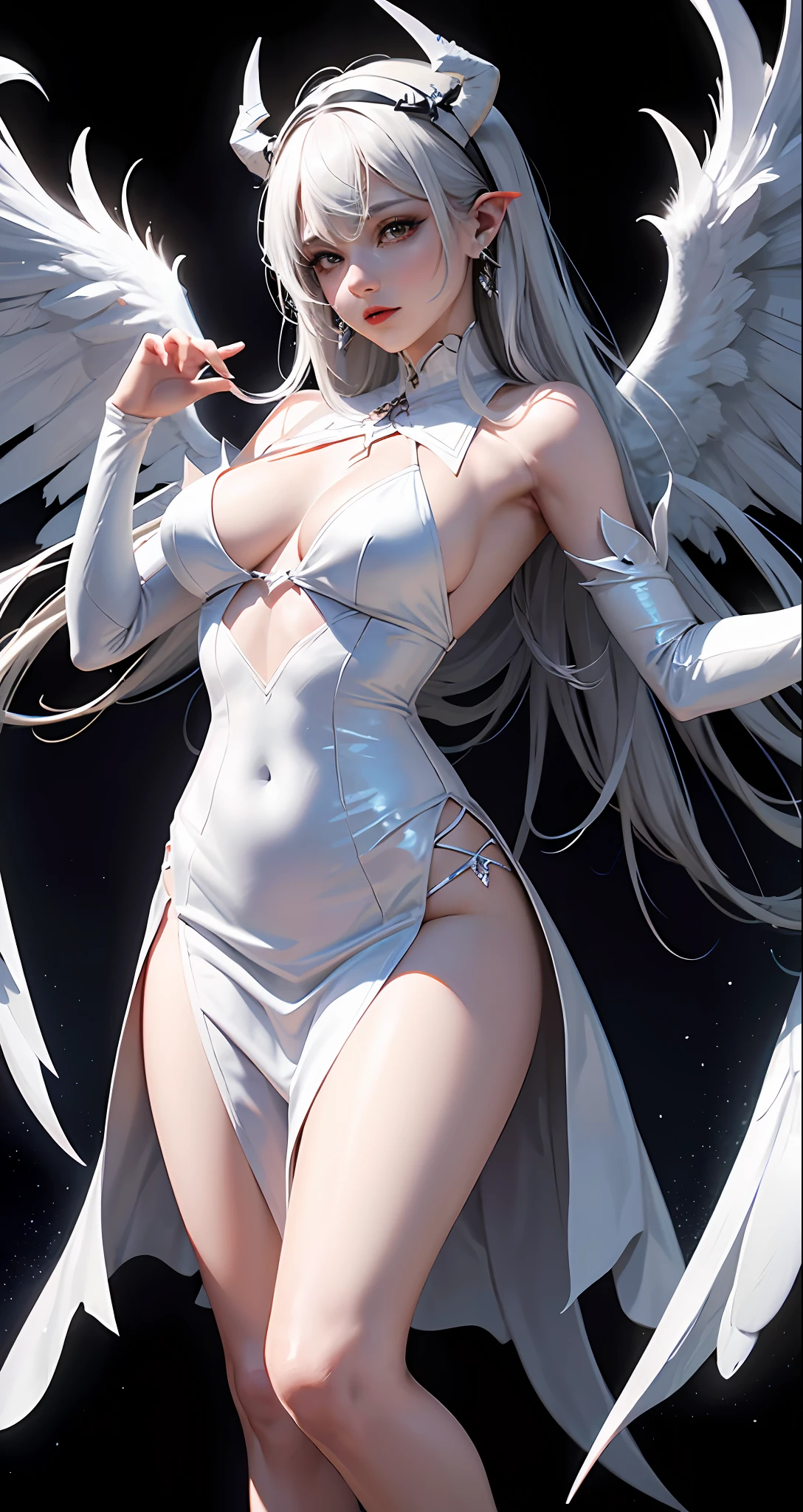 Arad woman wears white and black dress with horns and wings, villain has black angel wings with straight legs, Angela White, cosplay, tight skirt succubus, overlord's albedo, (8K high quality art). Super Wide Angel, Amulan, Full RPG, Anime Girl RPG, Angel Wings on the Back, Anime RPG, Amiráns as a Supervillain.