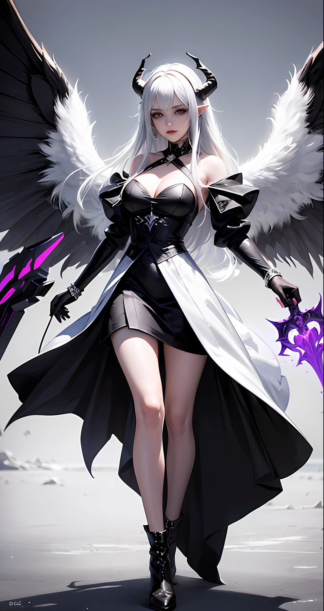 Arad woman wears white and black dress with horns and wings, villain has black angel wings with straight legs, Angela White, cosplay, tight skirt succubus, overlord's albedo, (8K high quality art). Super Wide Angel, Amulan, Full RPG, Anime Girl RPG, Angel Wings on the Back, Anime RPG, Amiráns as a Supervillain.
