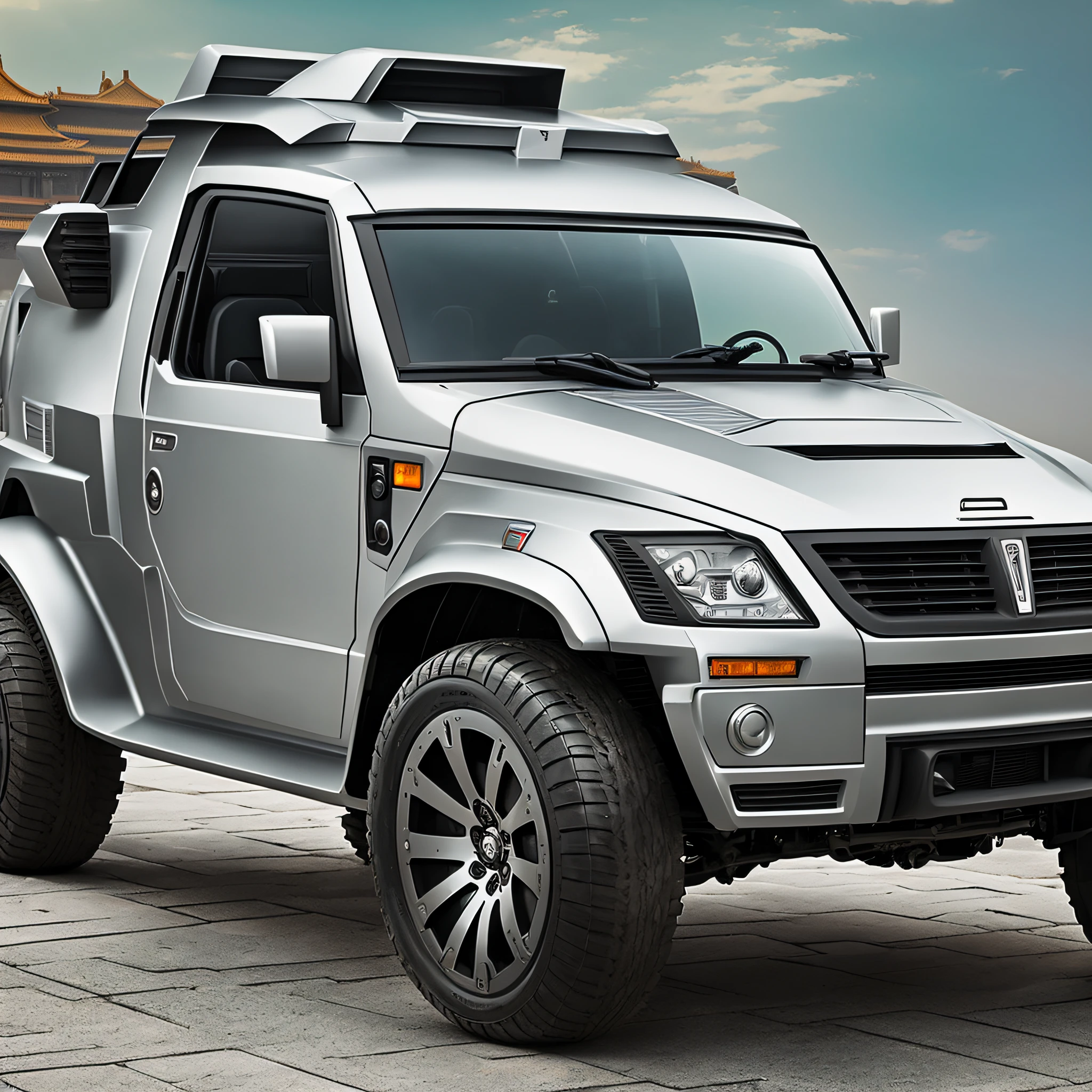 sci-fi spaceship style hardcore urban utility vehicle, front view, ((Forbidden City-shaped front face))), silver spray paint, dark wheels, streamlined luggage rack, streamlined line style --auto --s2