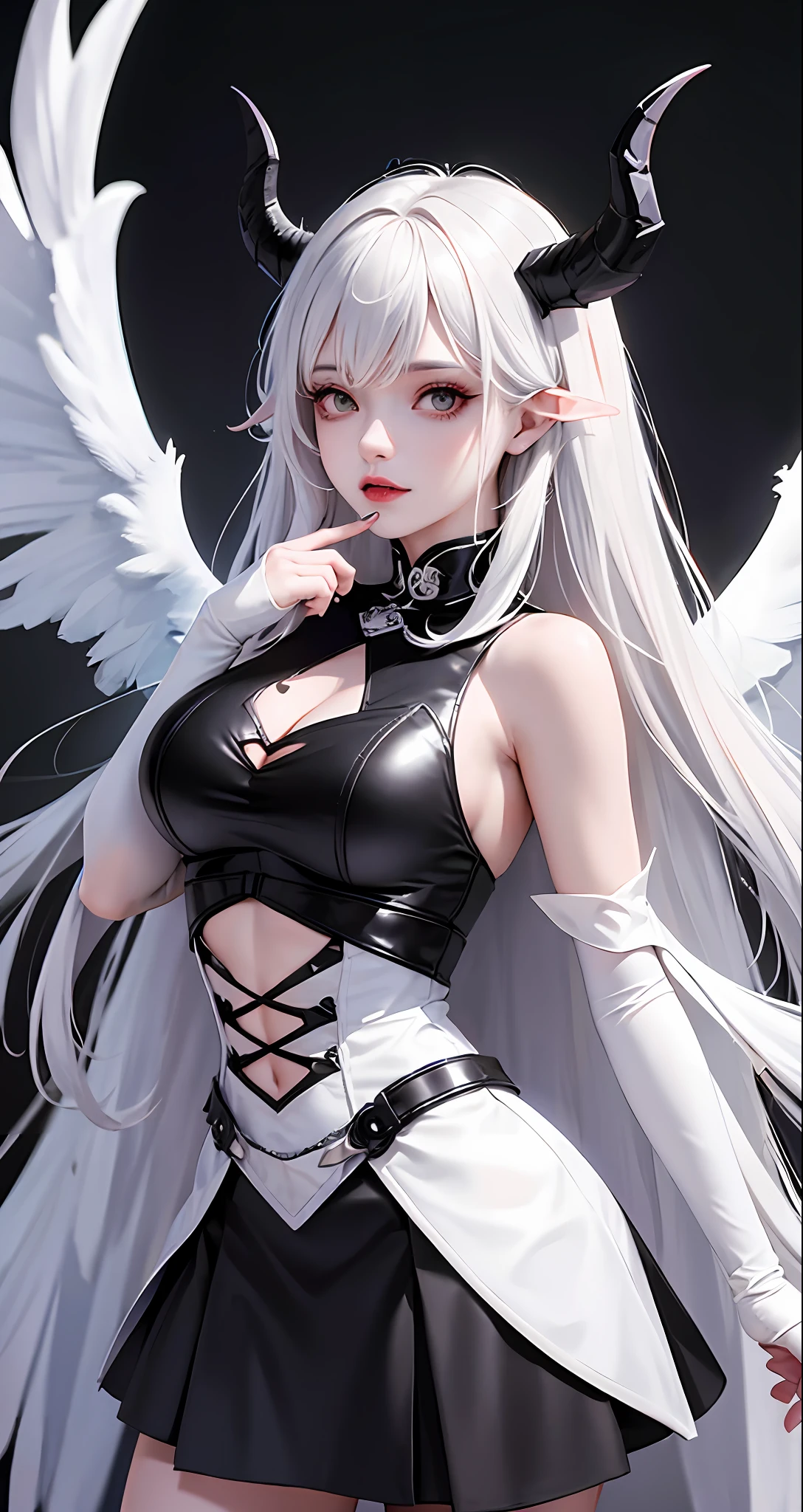 Arad woman wears white and black dress with horns and wings, villain has black angel wings with straight legs, Angela White, cosplay, tight skirt succubus, overlord's albedo, (8K high quality art). Super Wide Angel, Amulan, Full RPG, Anime Girl RPG, Angel Wings on the Back, Anime RPG, Amiráns as a Supervillain.