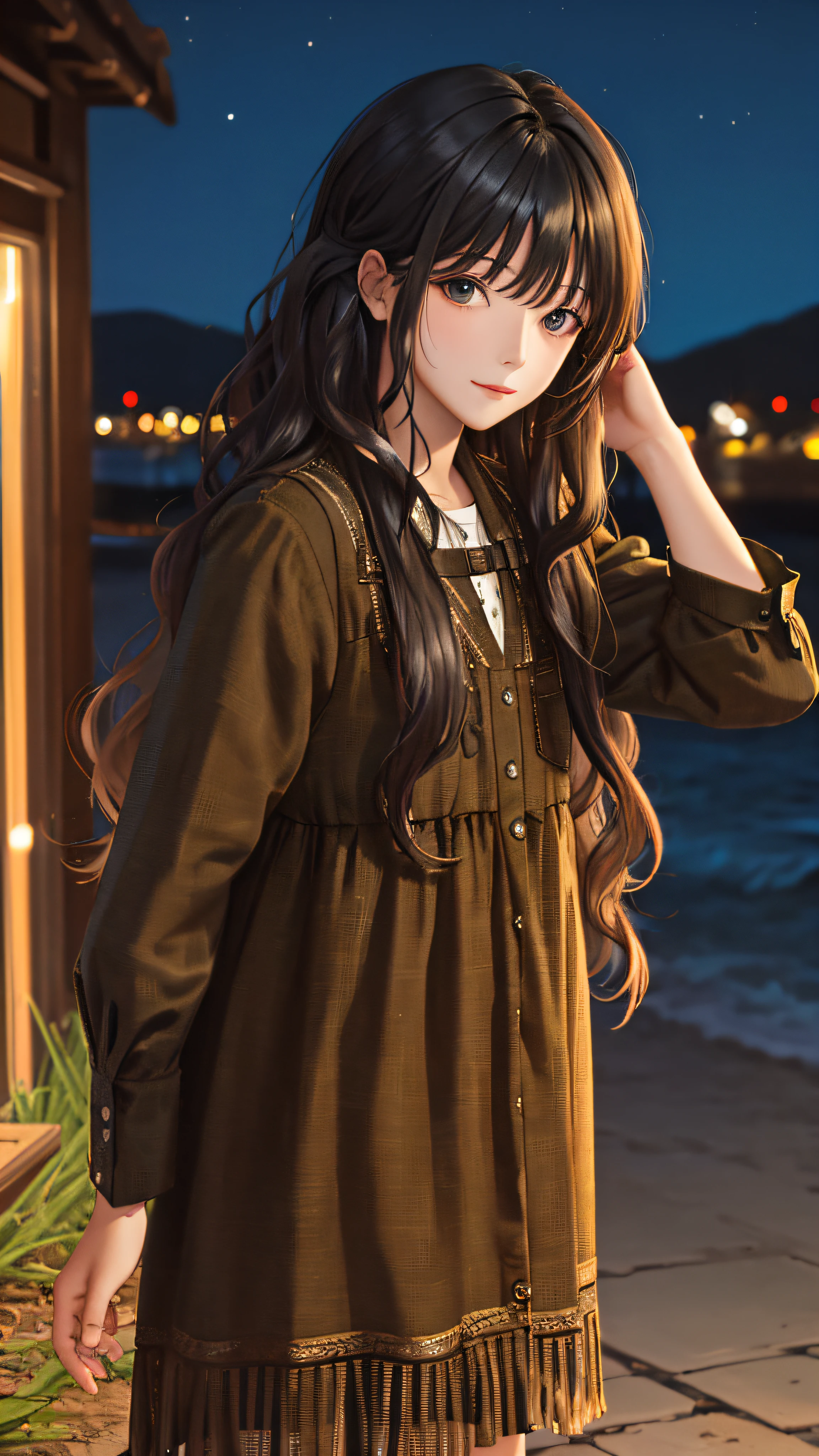 (masterpiece:1.2), (best quality:1.2), night, (looking at viewer), bright skin, cowboy shot,
outdoors, fringe,
long hair, (wavy hair),