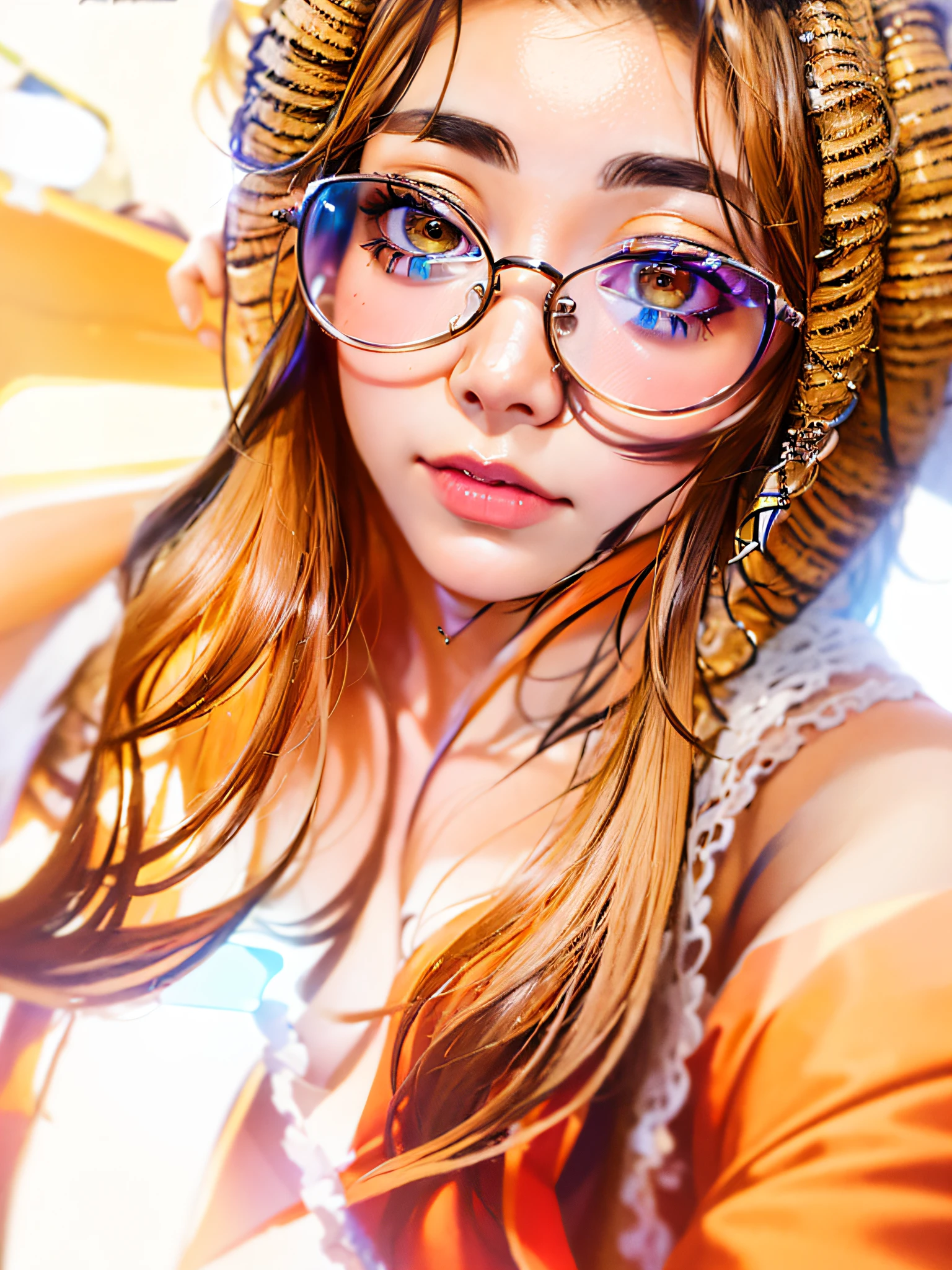 , Portrait of Chinese woman posing with glasses and tie, 8k Artgerm bokeh, [ 4k photorealism ]!!, [ 4k realism ]!, Pokimane, wearing glasses, realistic digital painting, Ross Tran 8 K, 8K portrait rendering, realistic art style, wearing glasses, detailed face of asian girl, 8yk, original photo, (masterpiece), (best quality), high resolution, (1girl), (realistic, Photorealistic (1.2), Ultra-detailed, physically based rendering, air bangs, hair accessories, sunset, collarbone, wristband, navel, long hair, brown hair, ahoge, 1girl, middle breasts, beach, wavy curls, thinning,