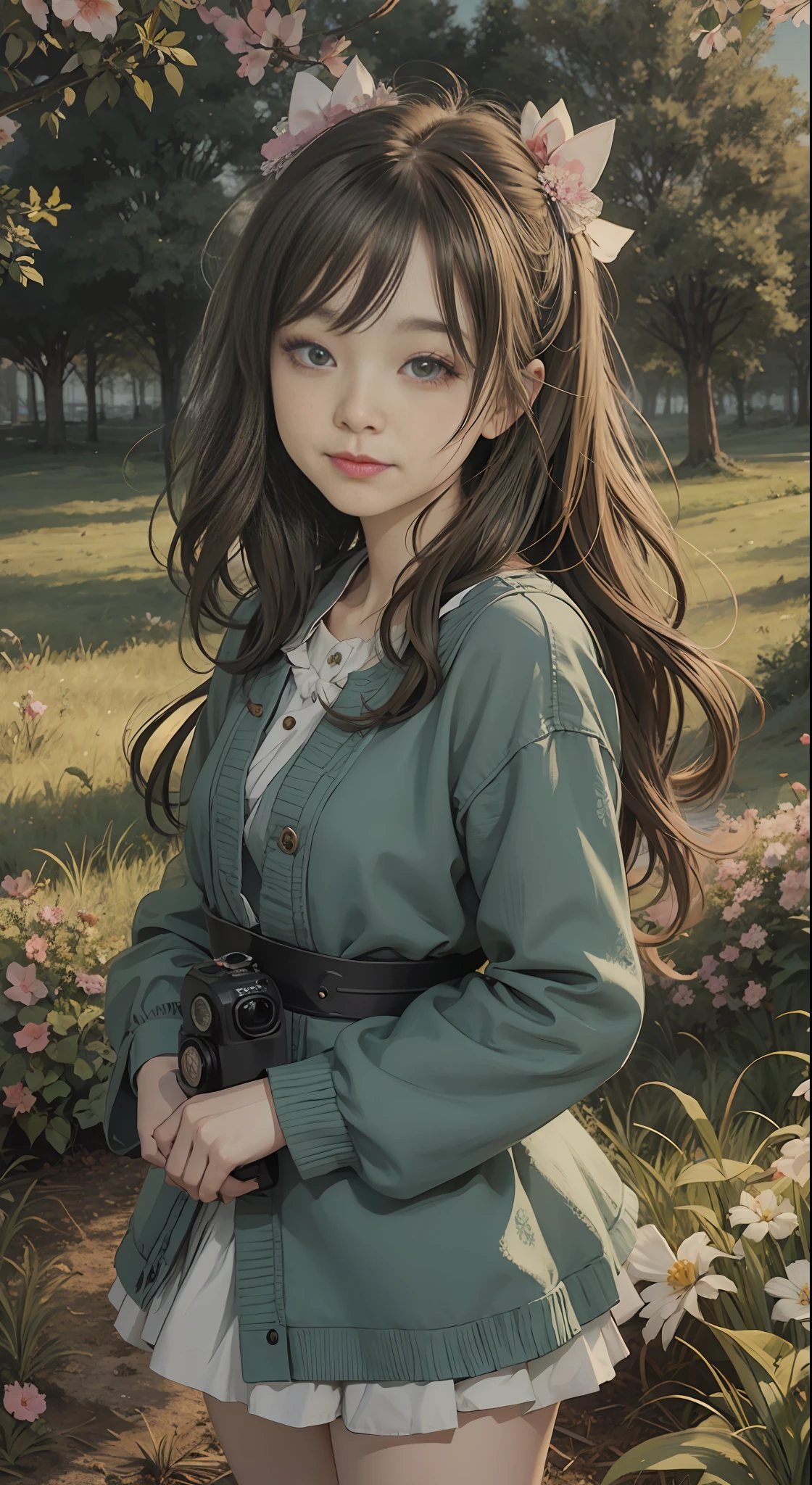 Anime girl writes a book with a camera and a tree in the background, , enjoying time in an empty field, surrounded by the beauty of nature, warm sun sprinkling on her, wildflowers gently swaying in the breeze. Butterflies and birds flying around her add to the playful atmosphere, anime visuals of cute girls, portraits of cute anime girls, cute detailed digital art, portraits in anime style, beautiful anime portraits, digital anime illustrations, cute anime girls, detailed portraits of anime girls, anime style illustrations, kawaii realistic portraits, cute anime girl portraits, detailed fan art, young anime girls, detailed digital anime art, brunette hair, hair bow, smile, gaze level shooting, Similar to Ghibli colors, UHD, masterpiece, ccurate, anatomically correct, textured skin, super detail, high detail, high quality, award-winning, best quality, high resolution, 8k