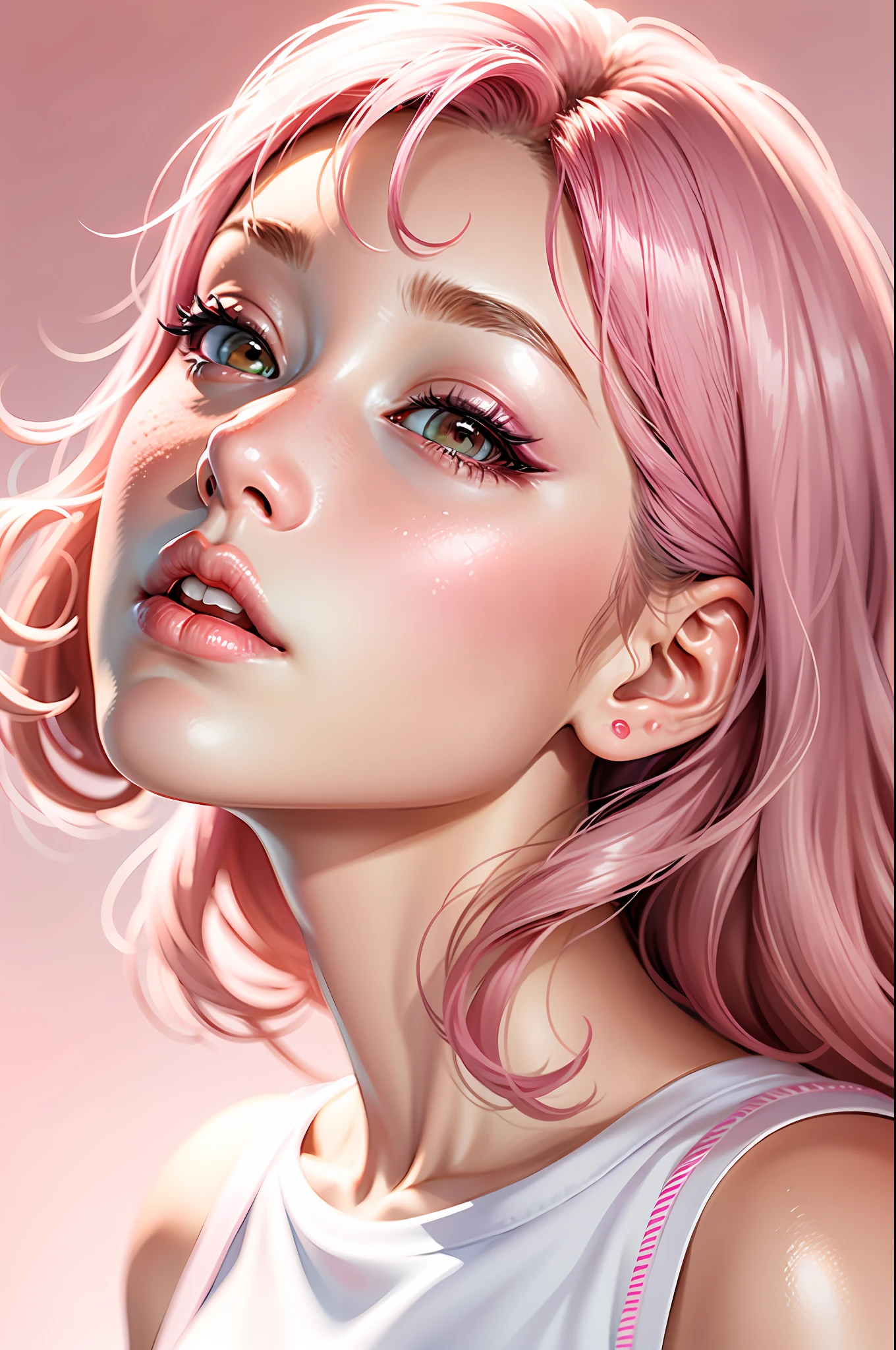 a close up of a woman with a pink top and a pink background, popular korean makeup, popular south korean makeup, soft makeup, rosy cheeks, smooth pink skin, subtle makeup, woman with porcelain skin, young adorable korean face, light makeup, sexy face with full makeup, beautiful delicate face, korean face features, delicate pale pink lips, glossy skin