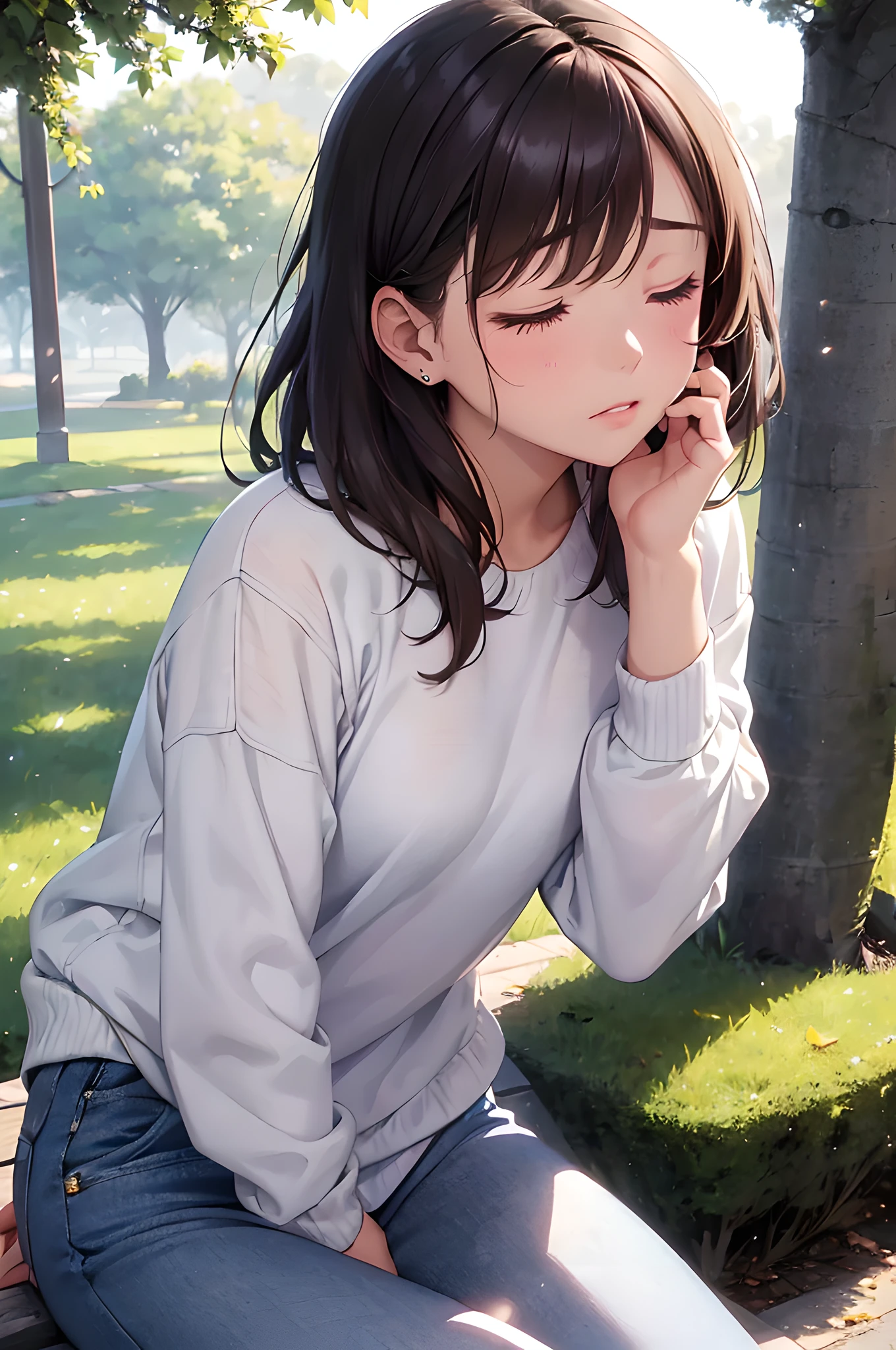 (masterpiece), (portrait), (aesthetic), (beautiful), (upper blody), (high quality), (aesthetic clothings), (professional angle), (rule of thirds), (Feminine), (woman), (female), (beautiful),(feminine features), (23 years), solo, 1 woman, (attractive Japanese), Autumn, Low light, ((sad, closed eyes)), ((Sitting)), Natural Makeup, (Average bust), (head tilted downwards), (semi-profile angle face), (face sad), (face-down) (Sad expression), ((Sadness)), (-), ((Medium hair)), (Brown hair), (Straight hair), (Smooth hair), shine hair, (about to cry), (), (Closed eyes look), (Fair skin), (Neutral Colors clothing), (Sweater), (-), (Jeans), (Crew neckline), ((Alone in the Park with Trees background)), (Medium Shot Shot), beautiful hands, two hands, normal hands, two arms, complete hands, beautiful body, beautiful fingers, normal fingers, five fingers, five fingers, (Thumb index meddle ring little fingers), beautiful ears, normal ears, beautiful eyes, shiny eyes, beautiful mouth, beautiful lips,