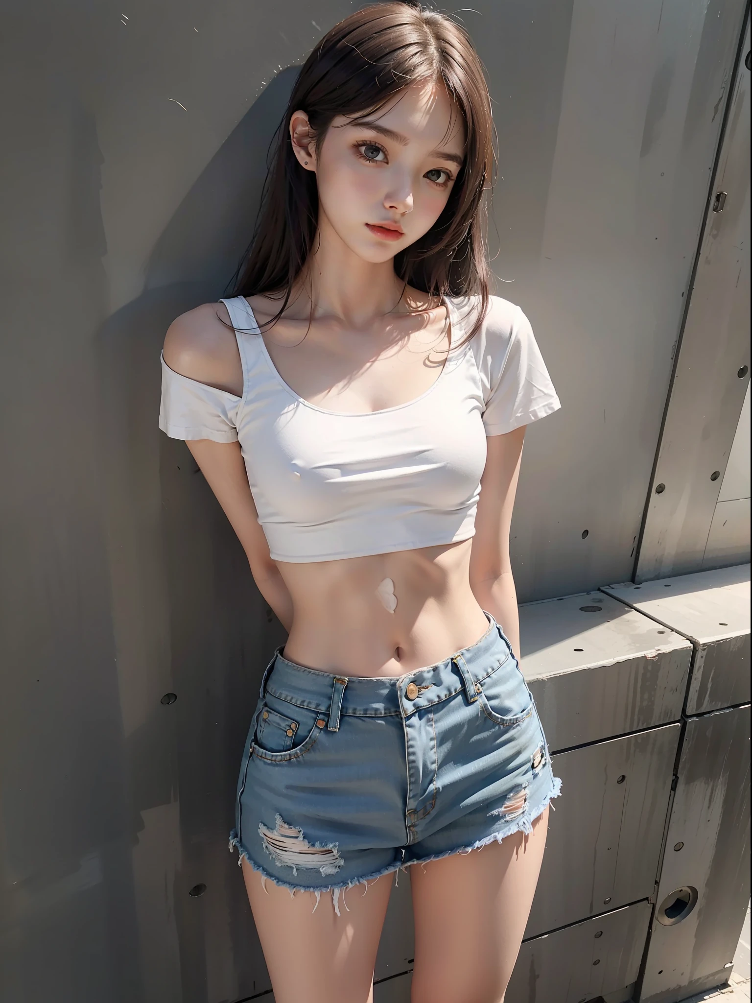 Best quality, full body portrait, delicate face, 18 year old girl, slim figure, small bust, white crop top T-shirt, waist pink denim skirt, gymnasium scene, standing tall