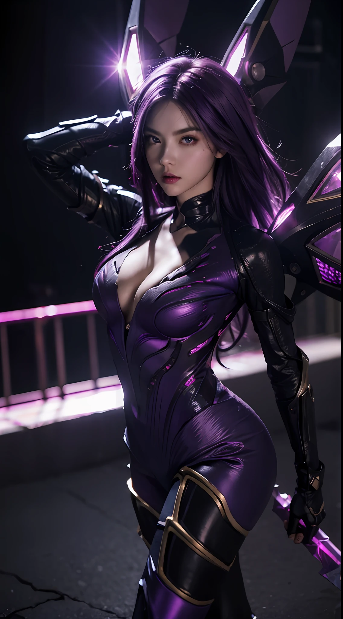 Perfect Face, Beautiful Face, Perfect Hand, 1girl, kai'sa, League of Legends, Casa, Purple Wings, Deep Purple Hair, Purple Eyes, Serious Expression, Strong Glare, Looking at the Audience, Battle Stance, (Dynamic Pose), (Void Wings), Weapons, Masterpiece, Extremely Detailed CG Unity 8k Wallpaper, Best Quality, 32k, Clear Focus, Cybercity, Neon Lights, Aperture, Black Hole in the background, Purple Leather Pants, Overhead Shot