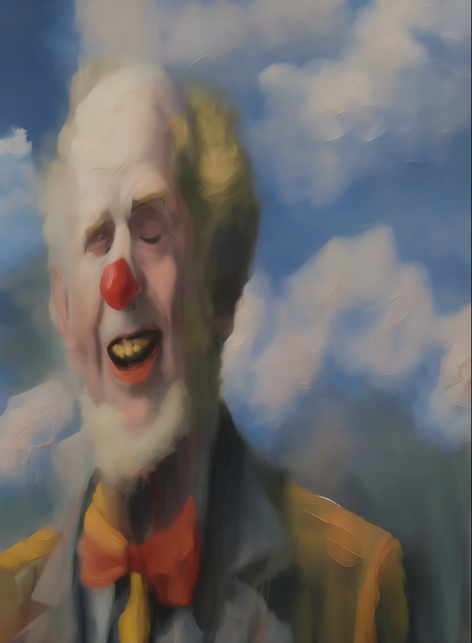 MSE paintings, highly detailed brushwork, a whitewashed clown of about 70 years old facing us. The hair is quite thin. He seems to be dressed in red and has a bright red background. The clown looks exhausted. His expression is sad. He doesn't draw eyeballs, and his gaze doesn't tell where he's looking, but his face is facing the viewer. Dark, eerie, and frightening paintings. Close-up portliat.