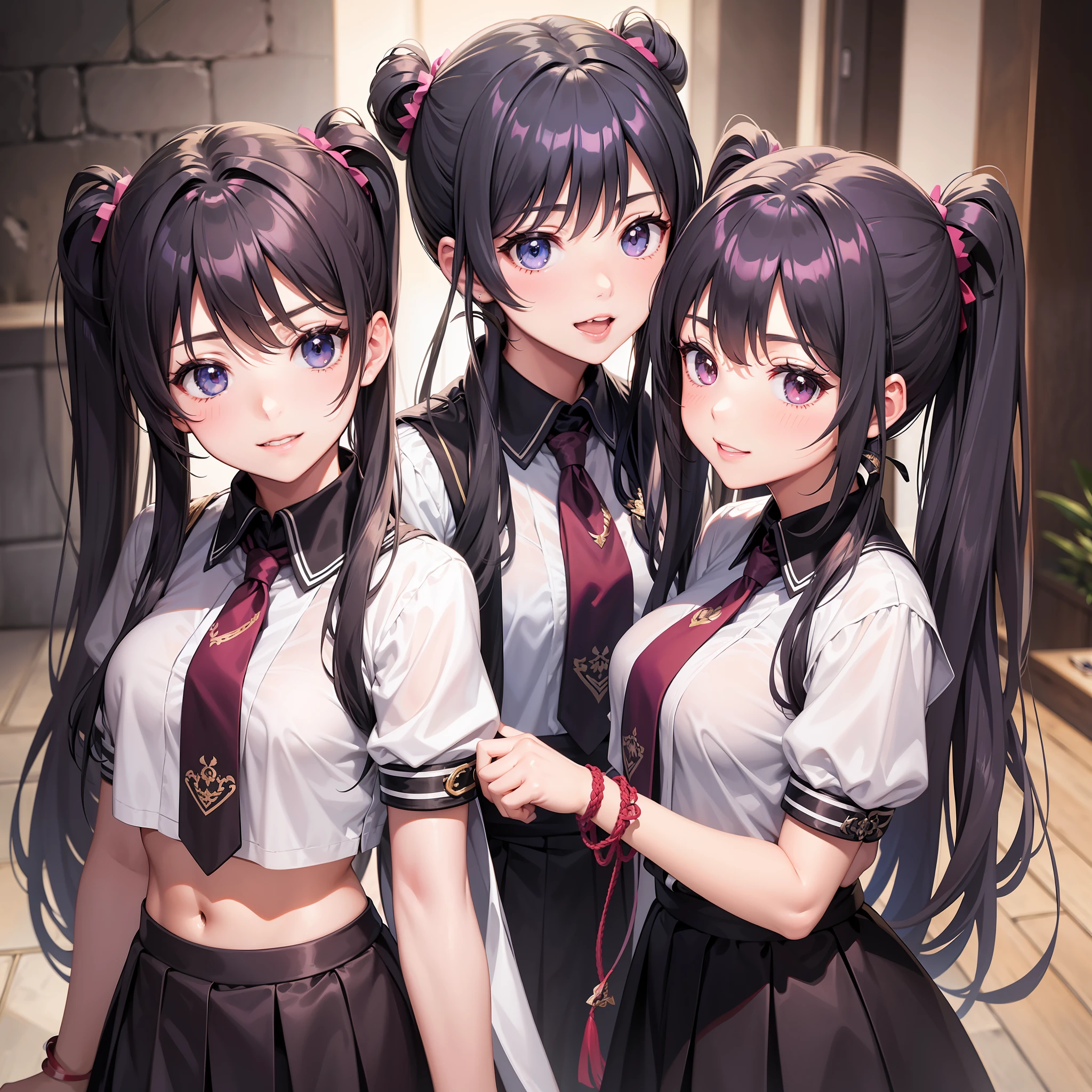 Harem Multiple Girls Smile Top Quality Masterpiece Long Hair Ponytail Twin Tails Uniform