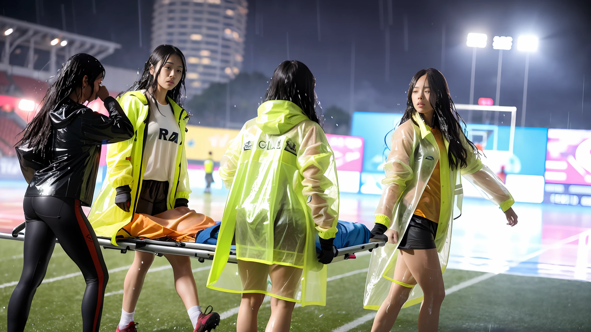 There is a man lying on a stretcher with his hands crossed over his face, a man in a t-shirt and sports shorts has crossed his hands over his face, the man has an agonised face under his hands, two longhairedponytailed women that are wearing very shiny coats, there are longhaired women wearing laquered puffy coats, longhaired women are walking in wetlook puffy coats, several women walking around a football field with an injured athlete on a stretcher, the injured athlete on the stretcher covers his face with both hands, the women look very worried, behindthe women there is a frightening atmosphere, there is heavy rainfall in the background, video still, behind the scenes, Malika Favre, screenshot, footage, 4 0 9 6, cover photo, aesthetic shot, dramatic mood, intense scene, Making of, Mongezi Ncaphayi, Thriller atmosphere, Filming, Edited, (8k, best quality, masterpiece:1.2), (realistic, photo-realistic:1.37), ultra-detailed,best quality, ultra high res, professional lighting, photon mapping, radiosity, physically-based rendering, cinematic lighting, clear sky,
soccer stadium, ,depth of field, sharp focus,sunbeam, good composition,(bokeh:1.2)
1girl,solo,(full body), (closed mouth),beautiful detailed eyes, pose, narrow waist, girls in rainwear, rainwear-girls, girls carrying a stretcher on a sports field, ,
black hair,messy hair,long hair floating in wind,(ulzzang-6500:1.2), pantyshot, (raining, see-through, wet shirt, wet hair, wet clothes:1.2),