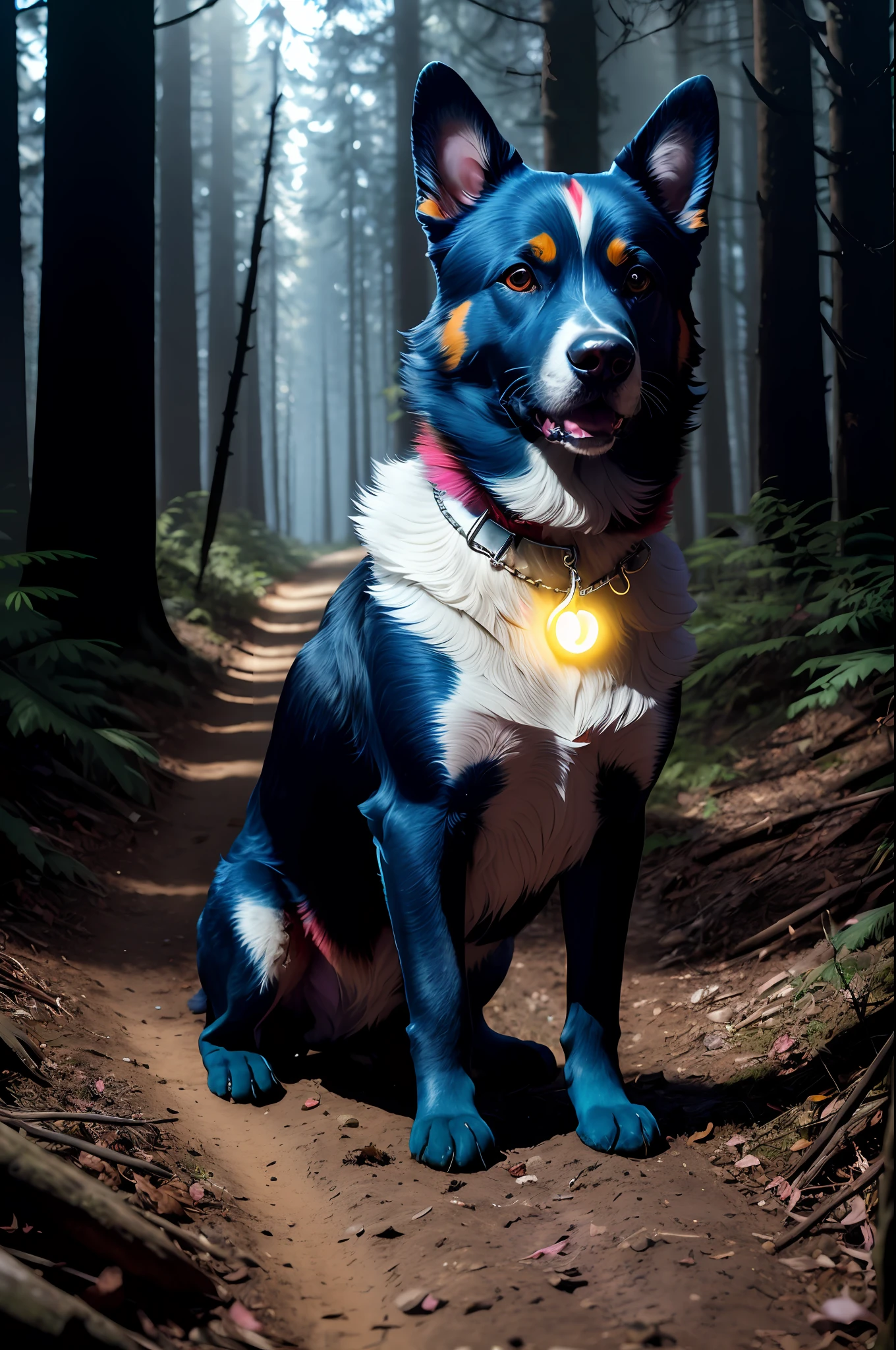 (((colorful dog on a dirt path, dark mysterious forest, dramatic lighting, dark photo, night))),, best quality, ultra high res, (photorealistic:1.4),, high resolution, detailed, raw photo, sharp re, by lee jeffries nikon d850 film stock photograph 4 kodak portra 400 camera f1.6 lens rich colors hyper realistic lifelike texture dramatic lighting unrealengine trending on artstation cinestill 800,, photorealistic, photo, masterpiece, realistic, realism, photorealism, high contrast, photorealistic digital art trending on Artstation 8k HD high definition detailed realistic, detailed, skin texture, hyper detailed, realistic skin texture, armature