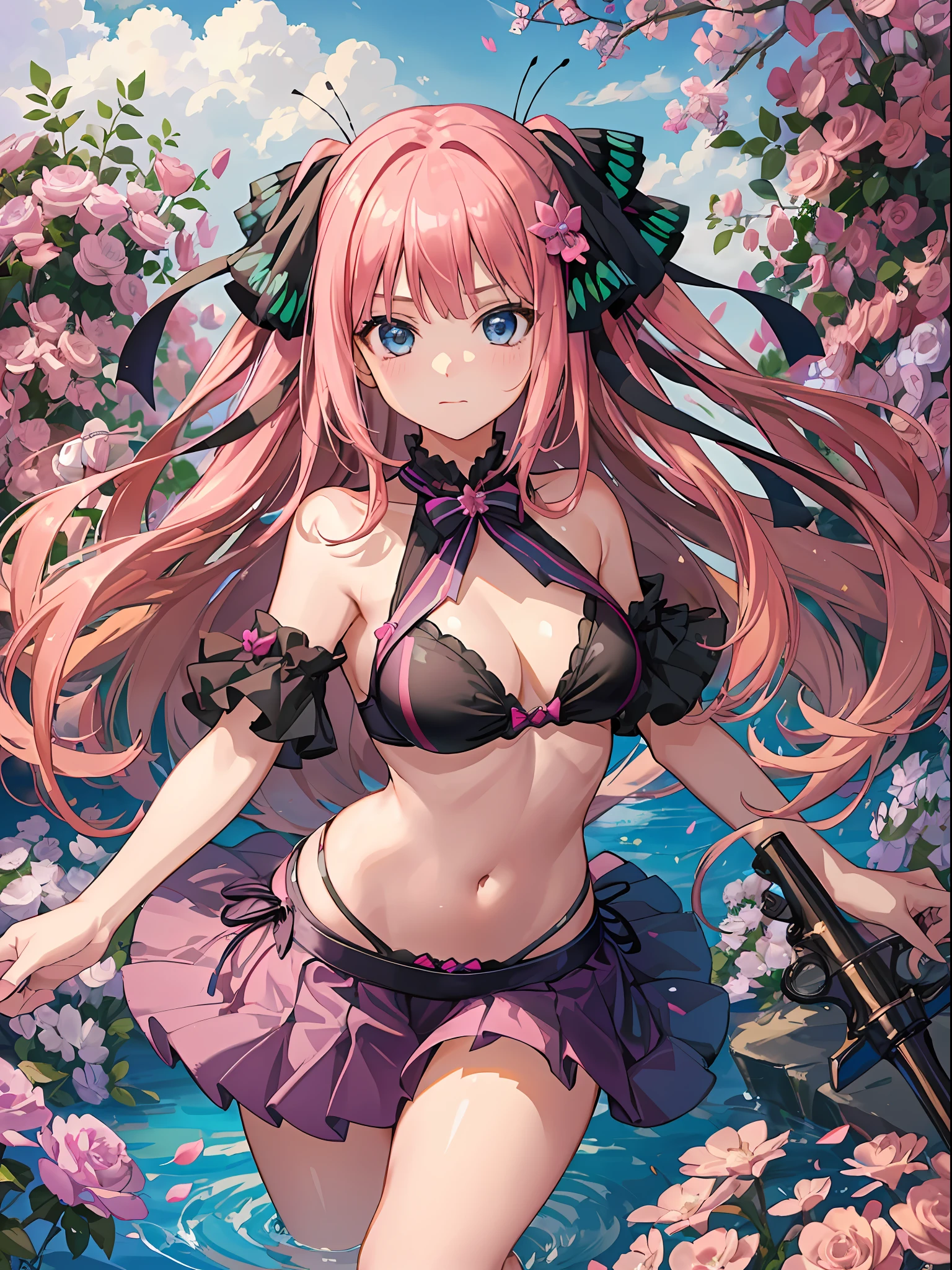 1girl (masterpiece) (highest quality) (shiny hair) (shiny skin), bikini, skirt bikini, dancing princess, nakano nino, pink hair, hair ribbon, butterfly hair ornament,