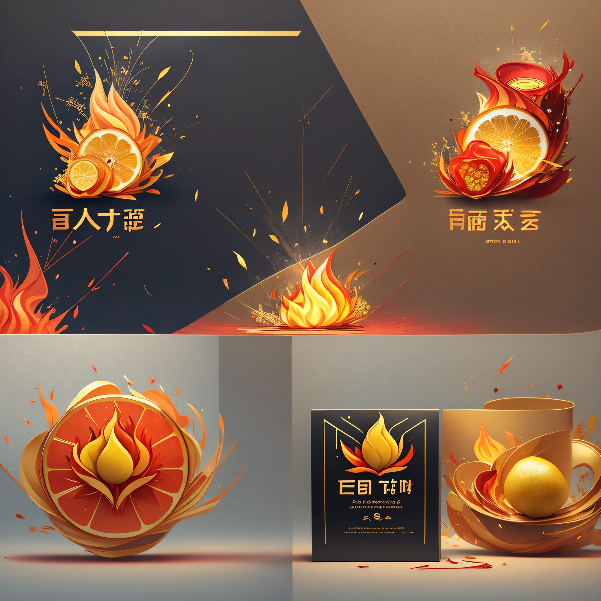 Design a flat logo according to the four elements of flame, lemon, black tea and fireworks for packaging design --auto --s2