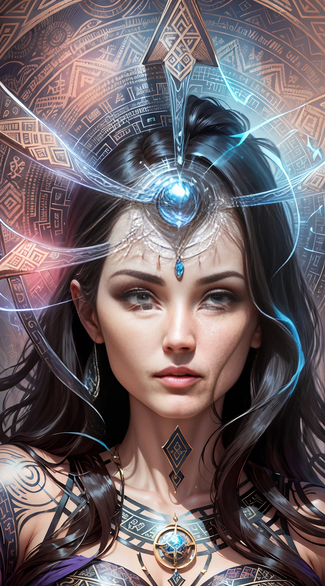 The mysterious and magical depiction of Angelina Jolie, intricate patterns and mysterious symbols create a sense of charm and wonder, the best quality, masterpieces, high definition, detailed details