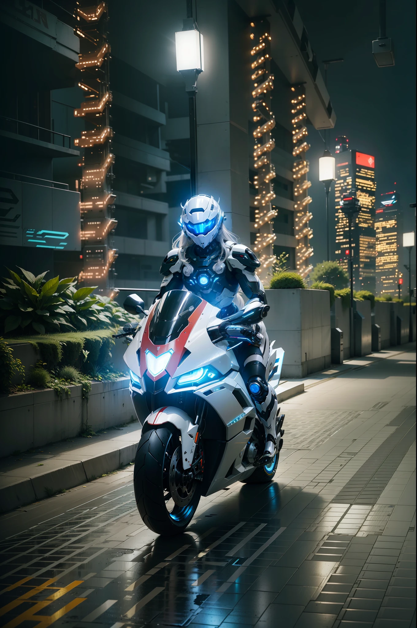 Sexy full body white mecha white short hair cyber sailor and cyber mechanical motorcycle, high-tech white full surround helmet, white long hair, Nousr, biomechanics, mshn robot man, high-tech helmet, surreal, steel, intricate design, crazy details, fine details, extremely clear lines, cinematic lighting, photo realistic, detailed masterpiece