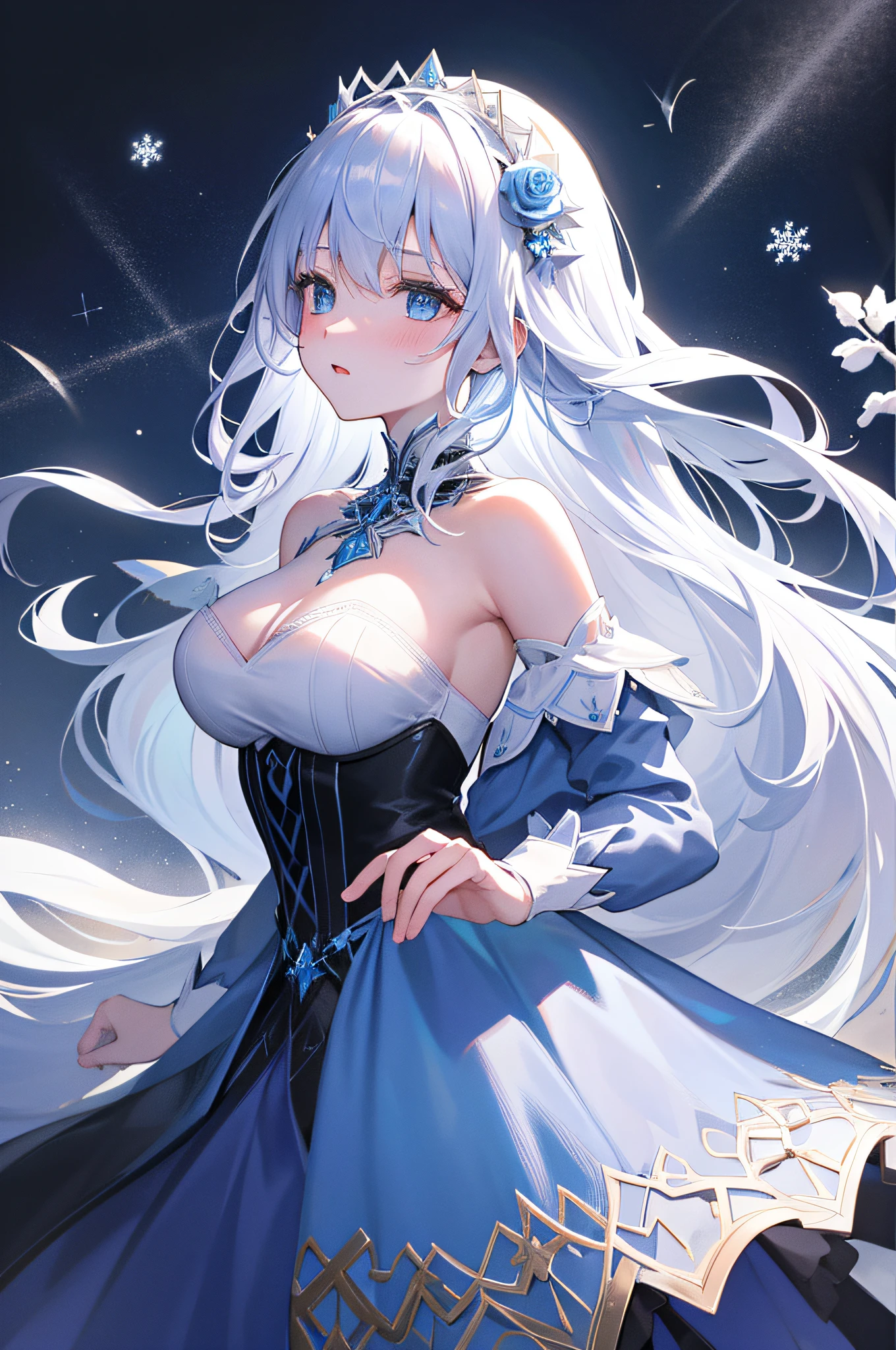 "A masterpiece of illustration, ultra-high quality, exquisite details, snowflakes flying. The girl wears a blue crown and has long silver hair. Blue eyes, blue-black dress and blue rose hair accessories, and a blue rose-patterned dress add visual layers. White and plump The breasts are presented naturally, and the frozen and frozen feeling of the Ice and Snow City creates a perfect atmosphere of a fantasy world. The cinematic lens and strong light and shadow render an intoxicating beauty."