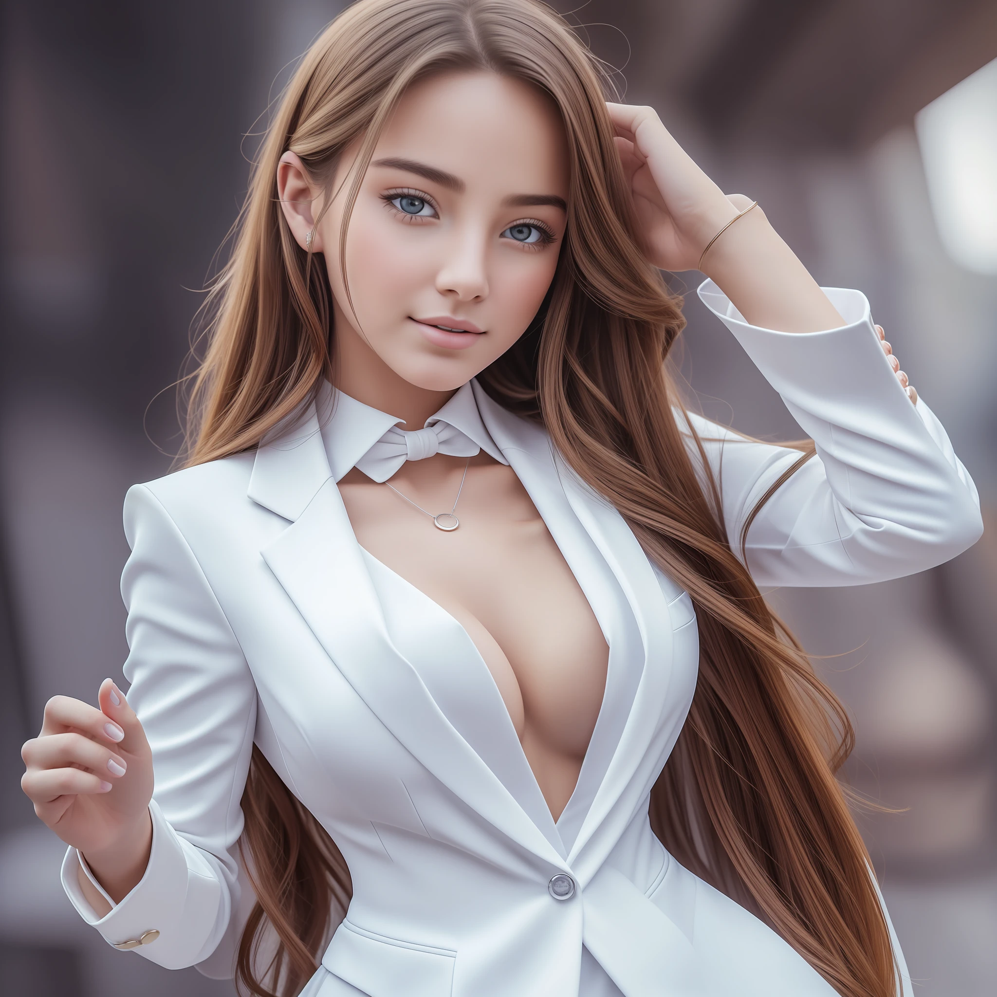 best quality, masterpiece, 1 girl, beautiful face, (photo photo-realistic:1.3), edge lighting, (high detail skin:1.2), 8k ultra hd, dslr camera, high quality, high resolution, 4k, 8k, bokeh, absurd, best ratio four fingers and one thumb, (realistic:1.3), cute 1girl, wearing white formal blazer, high breasts, short skirt, --auto --s2