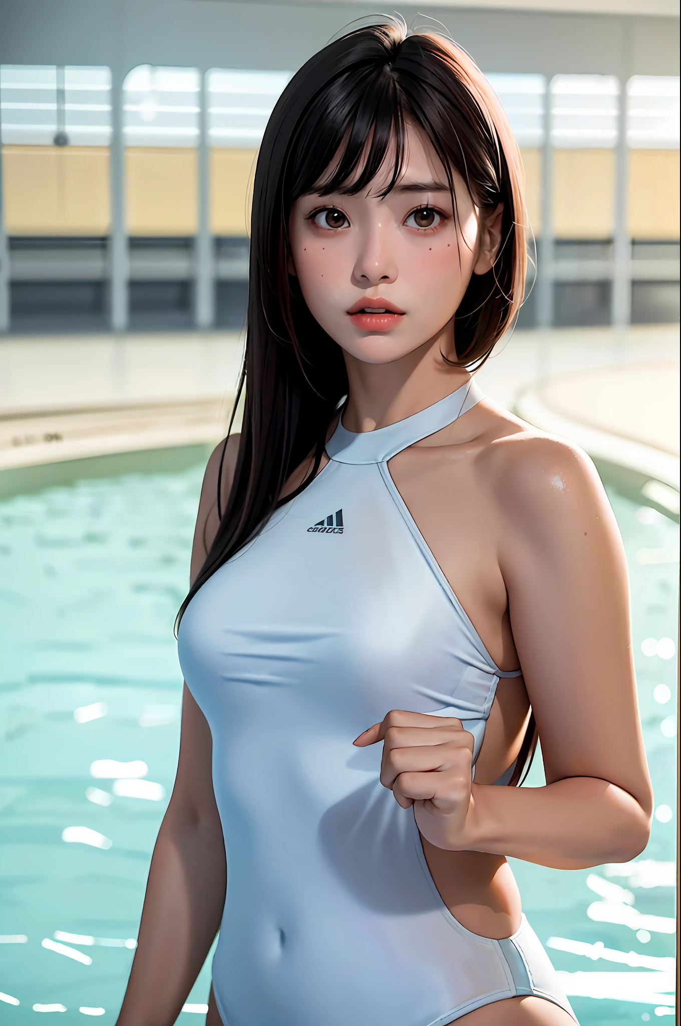 masterpiece, best quality, (dark photo: 1.3), photorealistic, 1girl, flat bangs, stunning innocent symmetrical face, shirt, emotional, orchan, (PureErosFace_V1:0.7), swimsuit, racequeen