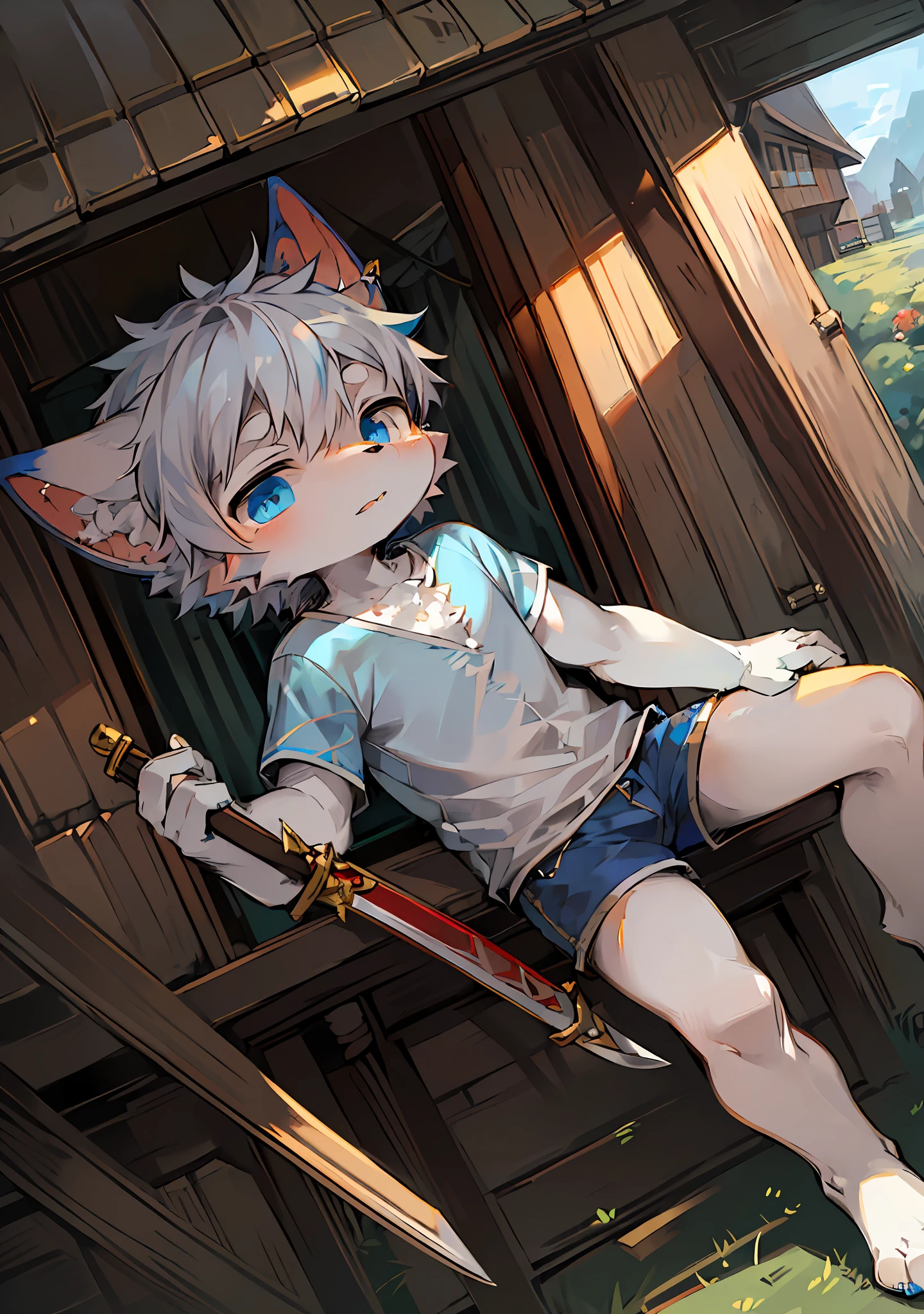 (Dark Environment: 0.8), Masterpiece, High Quality, Abstract Res, Digital Painting\(artwork\), by Dagasi, Yupa, Kiyosan, (Anthro, Fluffy Fur, Character Focus: 1.1), Anthro Male Cat, Short Hair, Portrait , bright eyes, daytime half, character focus. (detailed background: 0.7), solo, furry, furry male, male focus, anthr, (full body fur, fluffy tail, white fur, red and blue eyes, only ear tips are yellow, gray hair: 1.2), (canine, blue shorts, light blue and white shirt, wielding a long sword: 1.2), (above, day, lawn: 1.1)